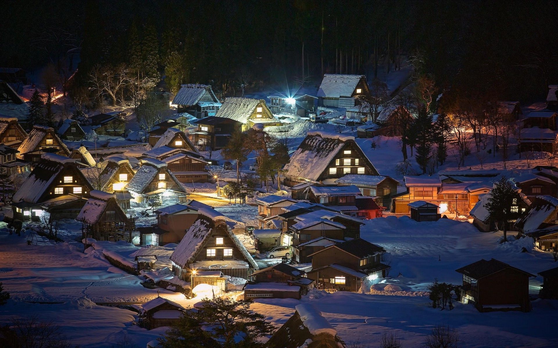 landscape nature winter village night snow japan house trees architecture lights wallpaper