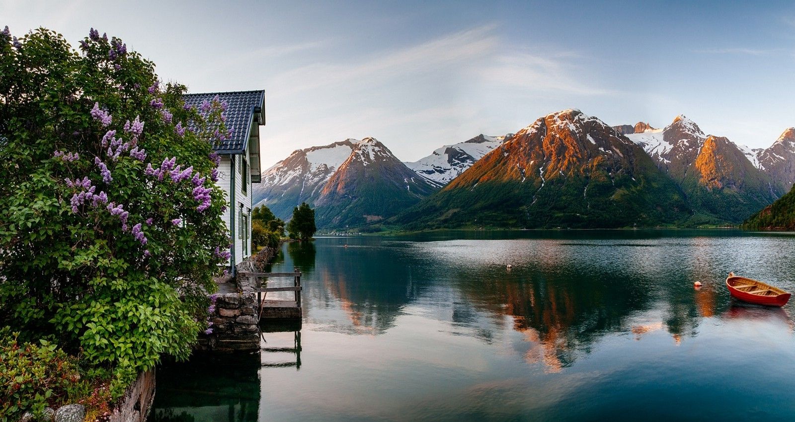 spring, Sunrise, Fjord, Norway, Mountain, House, Flowers, Snowy Peak, Boat, Sea, Reflection, Nature, Landscape Wallpaper HD / Desktop and Mobile Background
