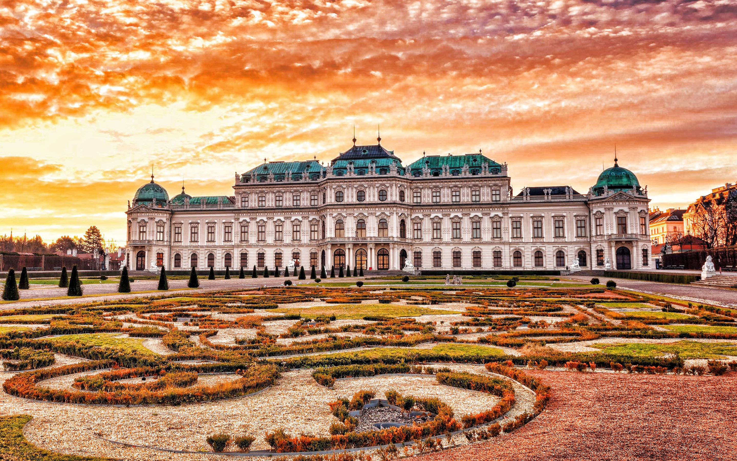 Download wallpaper Belvedere, Vienna, palace complex, evening, sunset, Vienna landmark, Baroque palaces, Austria for desktop with resolution 2880x1800. High Quality HD picture wallpaper