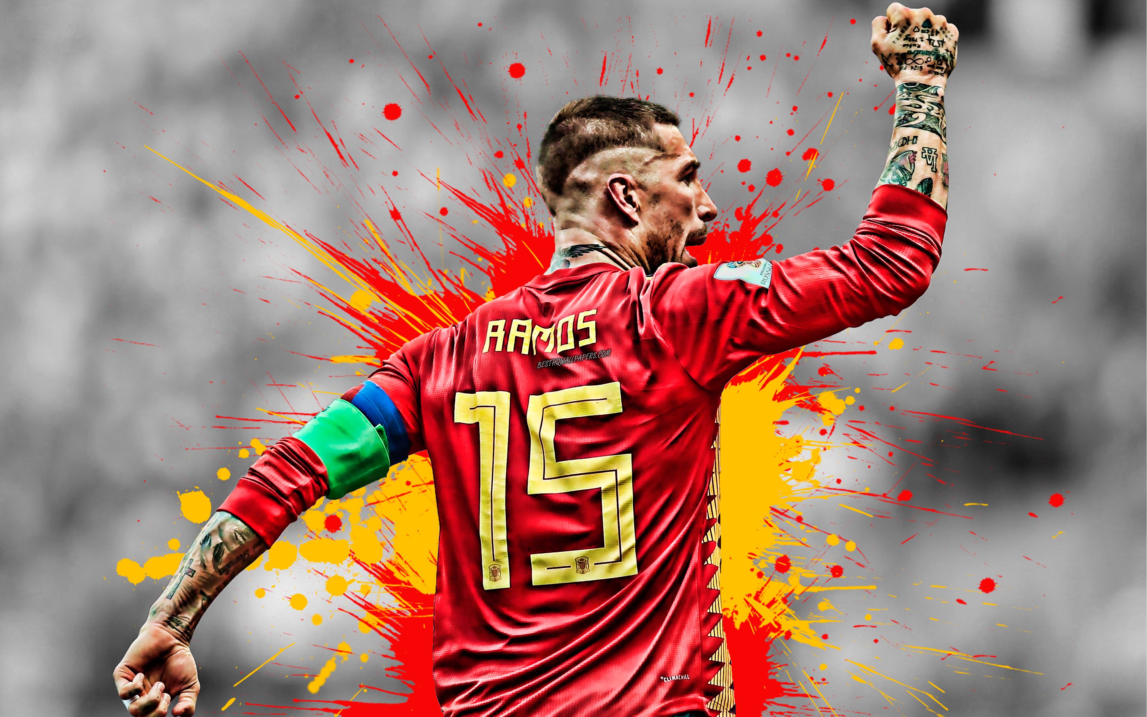 Download wallpaper Sergio Ramos, Spain national football team, defender, Spanish football player, creative flag of Spain, paint splashes, Spain, football for desktop with resolution 3840x2400. High Quality HD picture wallpaper