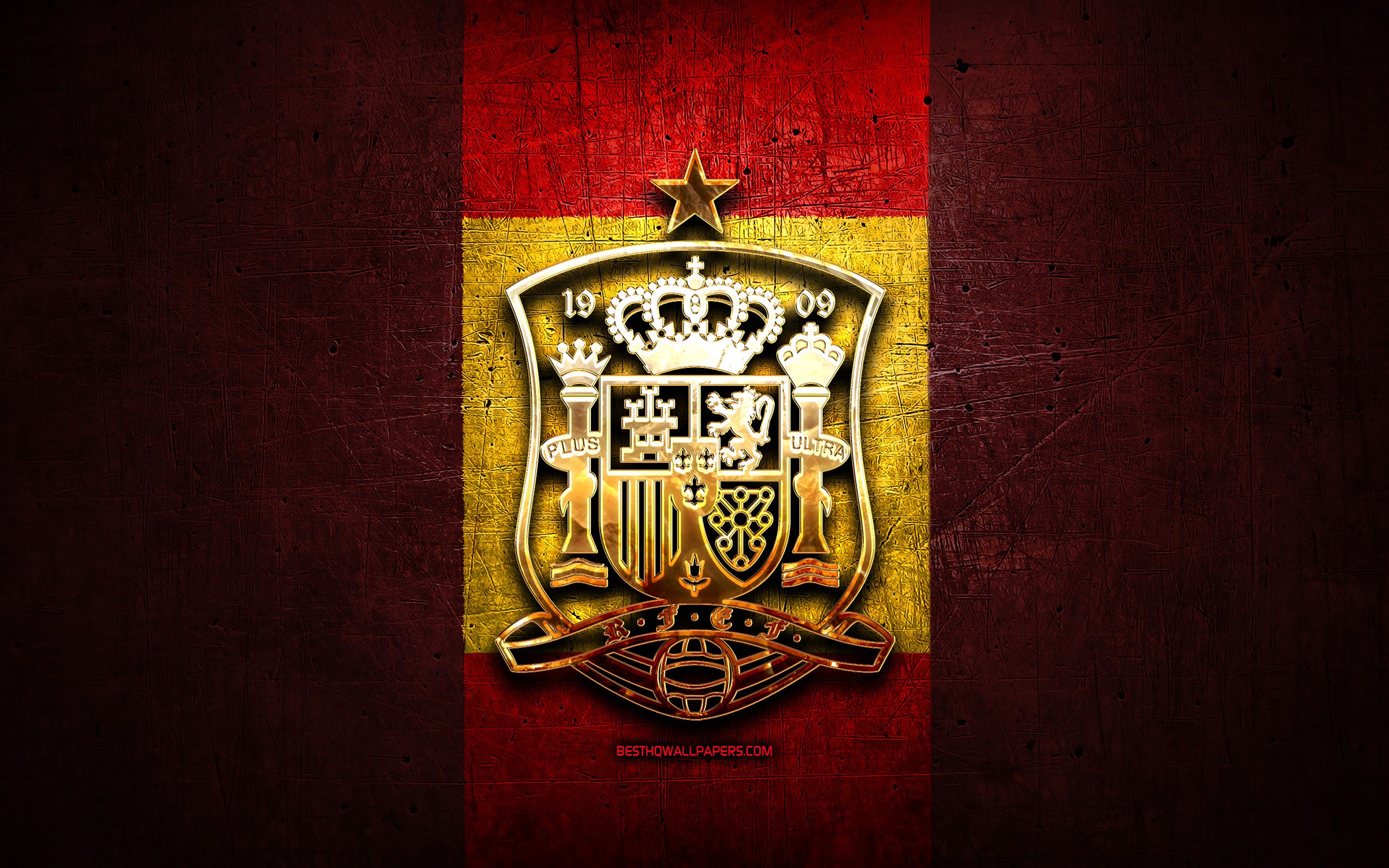Download wallpaper Spain National Football Team, golden logo, Europe, UEFA, red metal background, Spanish football team, soccer, RSFF logo, football, Spain for desktop with resolution 2880x1800. High Quality HD picture wallpaper