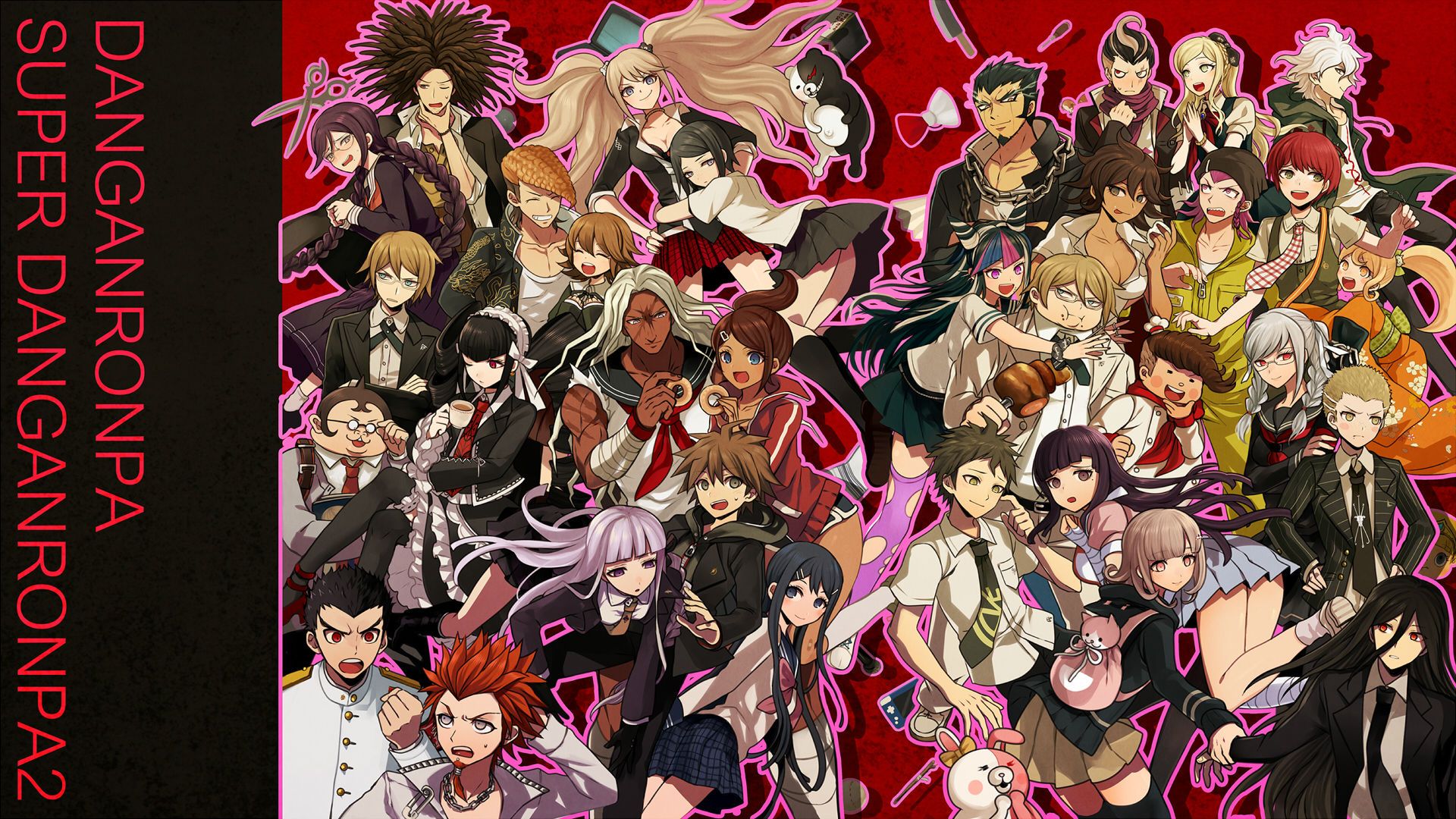 dangan ronpa, Fukawa, Touko, Group, Harano, Kuwata, Reon, Mioda, Ibuki, Monokuma, Naegi, Makoto, Ookami, Sakura, Oowada, Mondo, Owari, Akane, Pekoyama, Peko Wallpaper HD / Desktop and Mobile Background