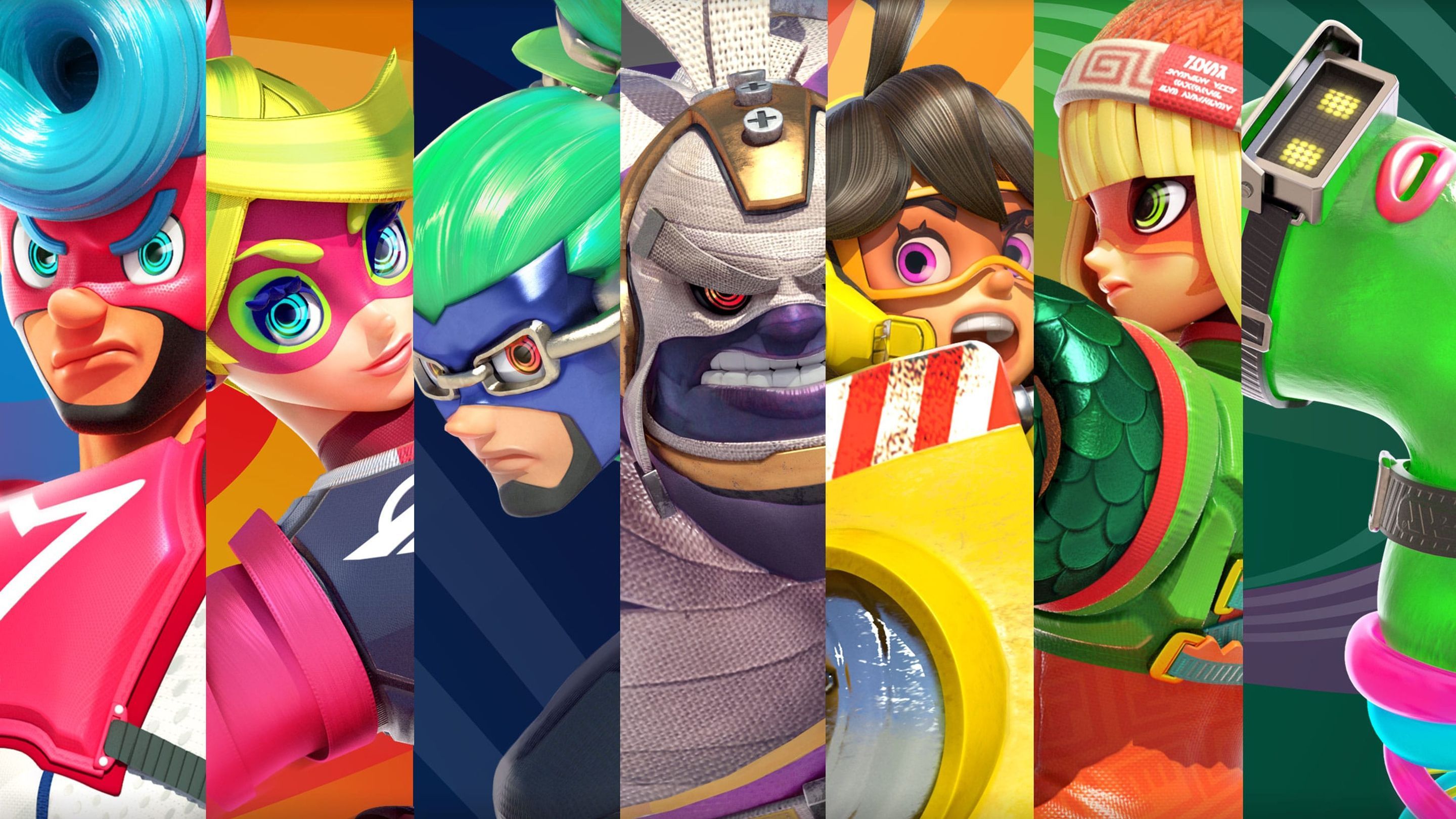Spring Man, Ribbon Girl, Ninjara, Master Mummy, Mechanica, Min Min and Helix ARMS Nintendo Switch Game 2880x1620. Arms, Game art, Arms switch