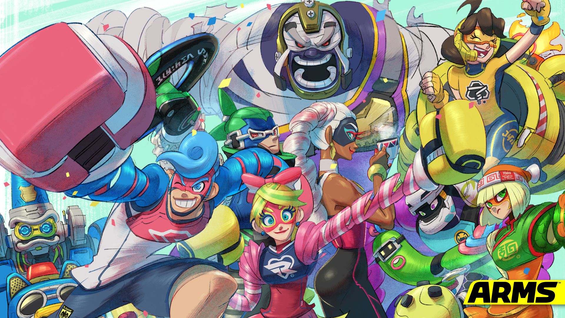 nintendo arms byte & barq helix kid cobra master mummy mechanica min min ninjara ribbon girl spring man twintelle (arms) bodysuit headphones mecha wallpaper