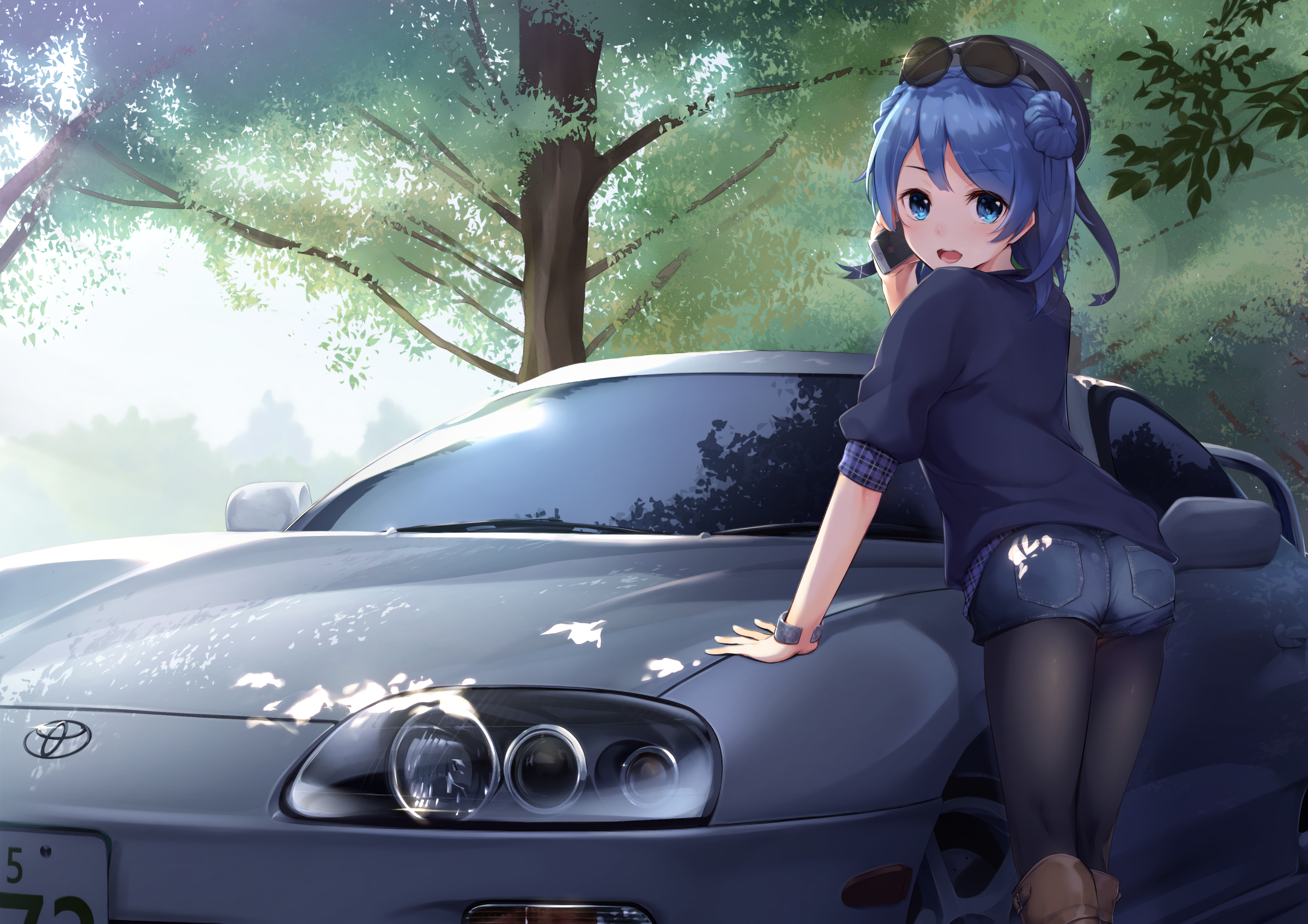 #Toyota, #car, #Toyota Supra MK4, #blue eyes, #Supra, #anime girls, #shorts, #phone, #blue hair, #Toyota Supra, #short hair, #ass, #anime, #trees, #glasses, wallpaper