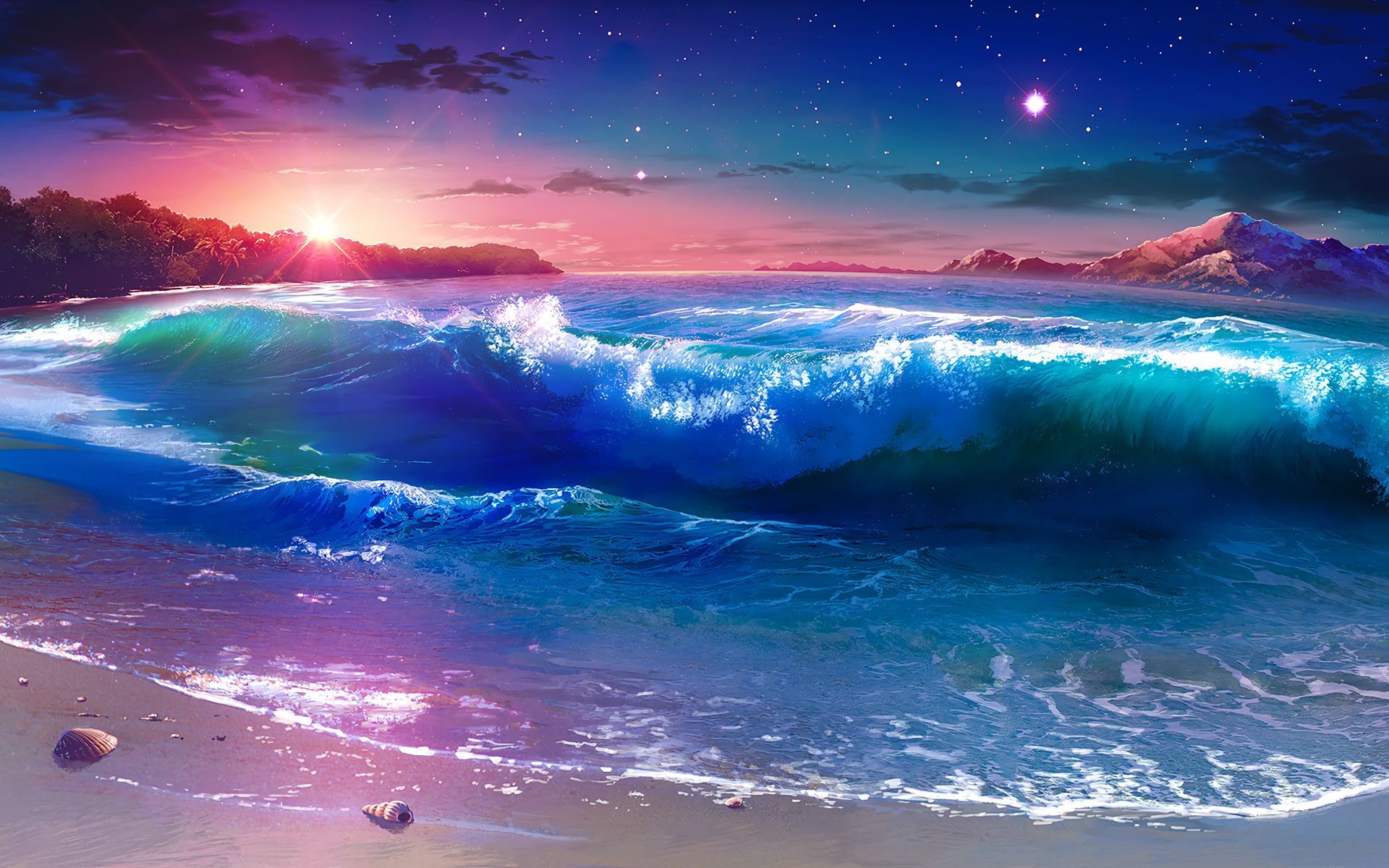 Night Anime Beach Background HD Wallpaper