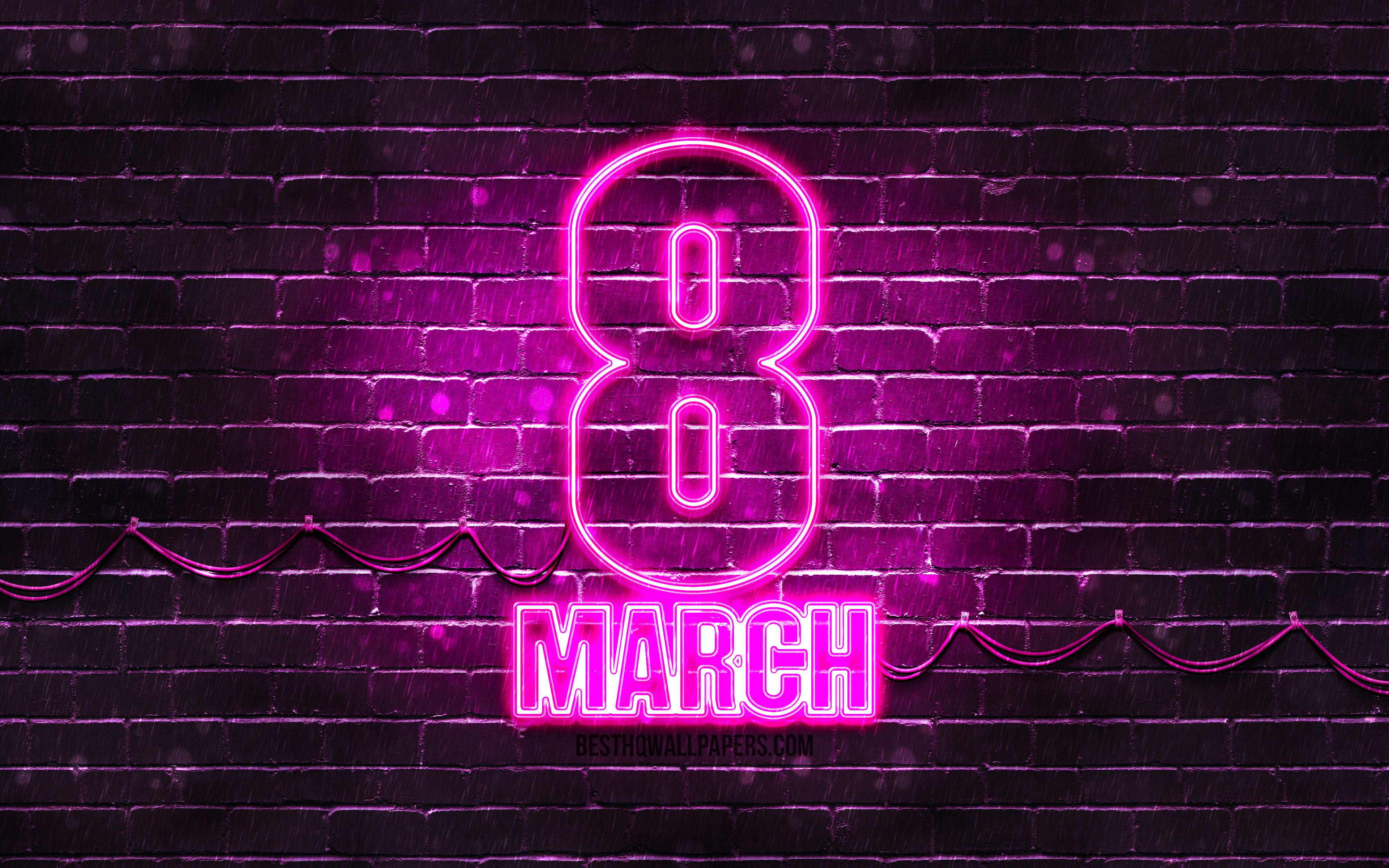 Download wallpaper 8 March purple sign, 4k, purple brickwall, International Womens Day, artwork, 8th of March, 8 March neon symbol, 8 March for desktop with resolution 3840x2400. High Quality HD picture wallpaper