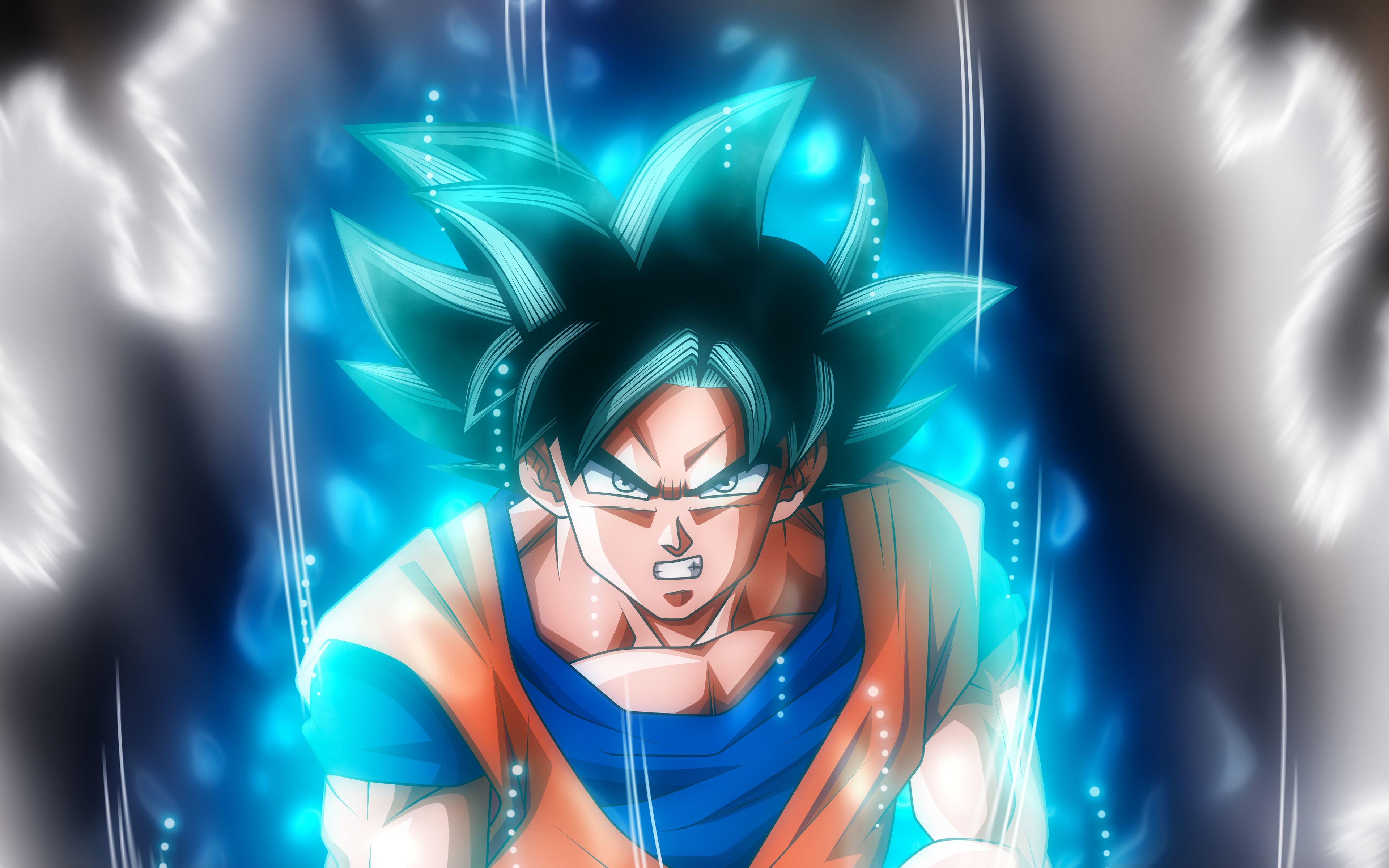 Download wallpaper Ultra Instinct Goku, blue neon lights, DBS, Dragon Ball, 4k, Super Saiyan God, Dragon Ball Super, Migatte No Gokui, Mastered Ultra Instinct for desktop with resolution 3840x2400. High Quality HD