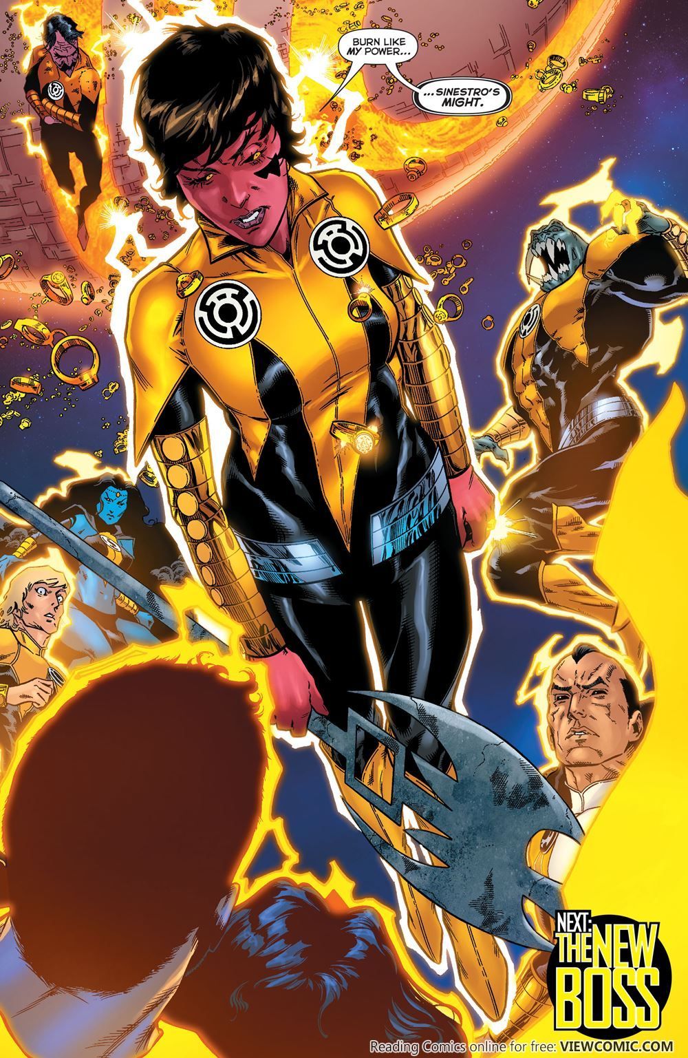 Sinestro's daughter, Soranik Natu, takes over the Sinestro Corps (Yellow Lanterns). Yellow lantern, Dc comics artwork, Comics