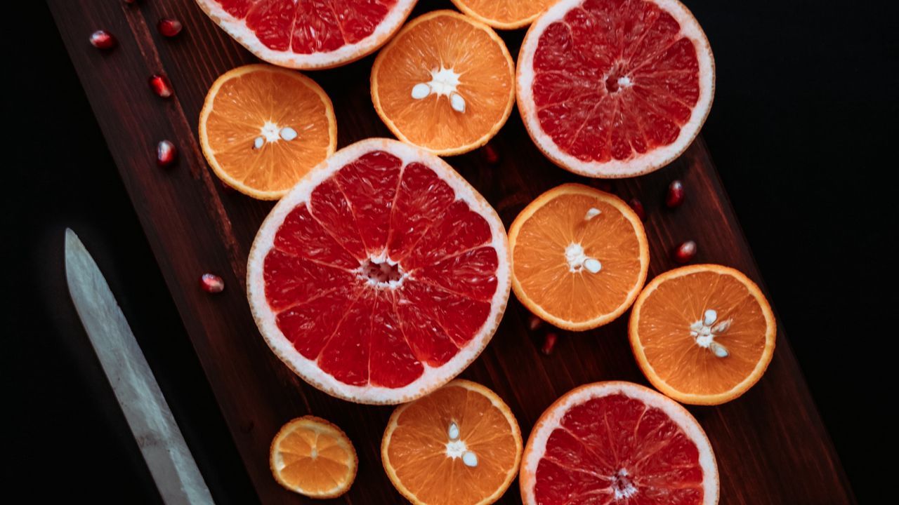 Wallpaper grapefruit, orange, pomegranate, fruit, slices hd, picture, image