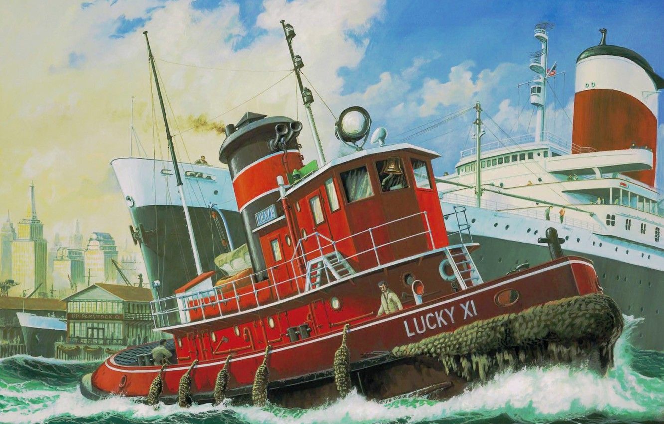 Wallpaper art, painting, ship, boat, Harbour Tug Boat image for desktop, section живопись