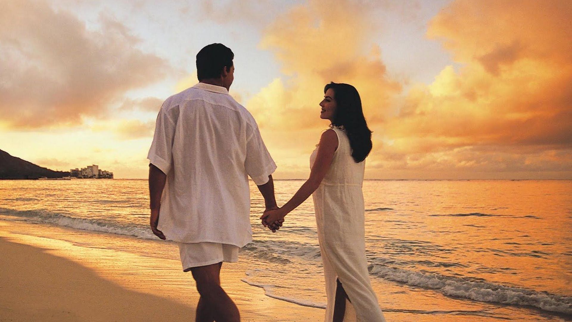 Couple Is Walking On Beach Sand Wearing White Dress HD Couple Wallpaper