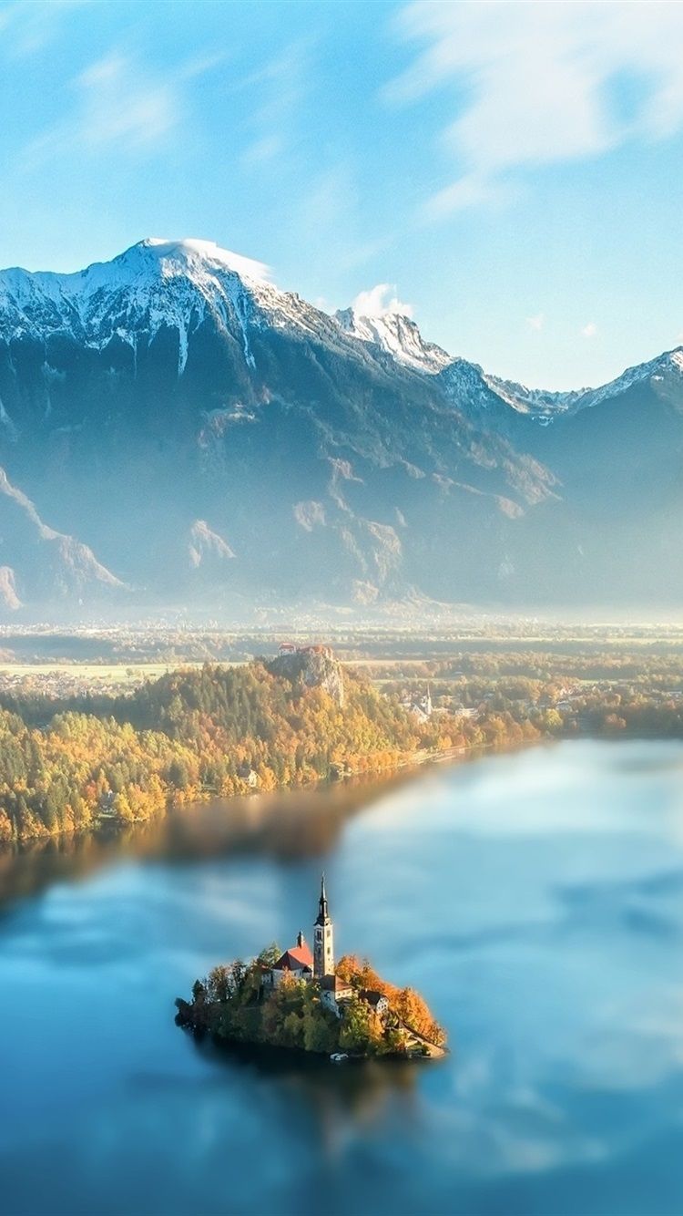 Beautiful Slovenia, Lake Bled, Morning, Haze, Mountains, Island 750x1334 IPhone 8 7 6 6S Wallpaper, Background, Picture, Image