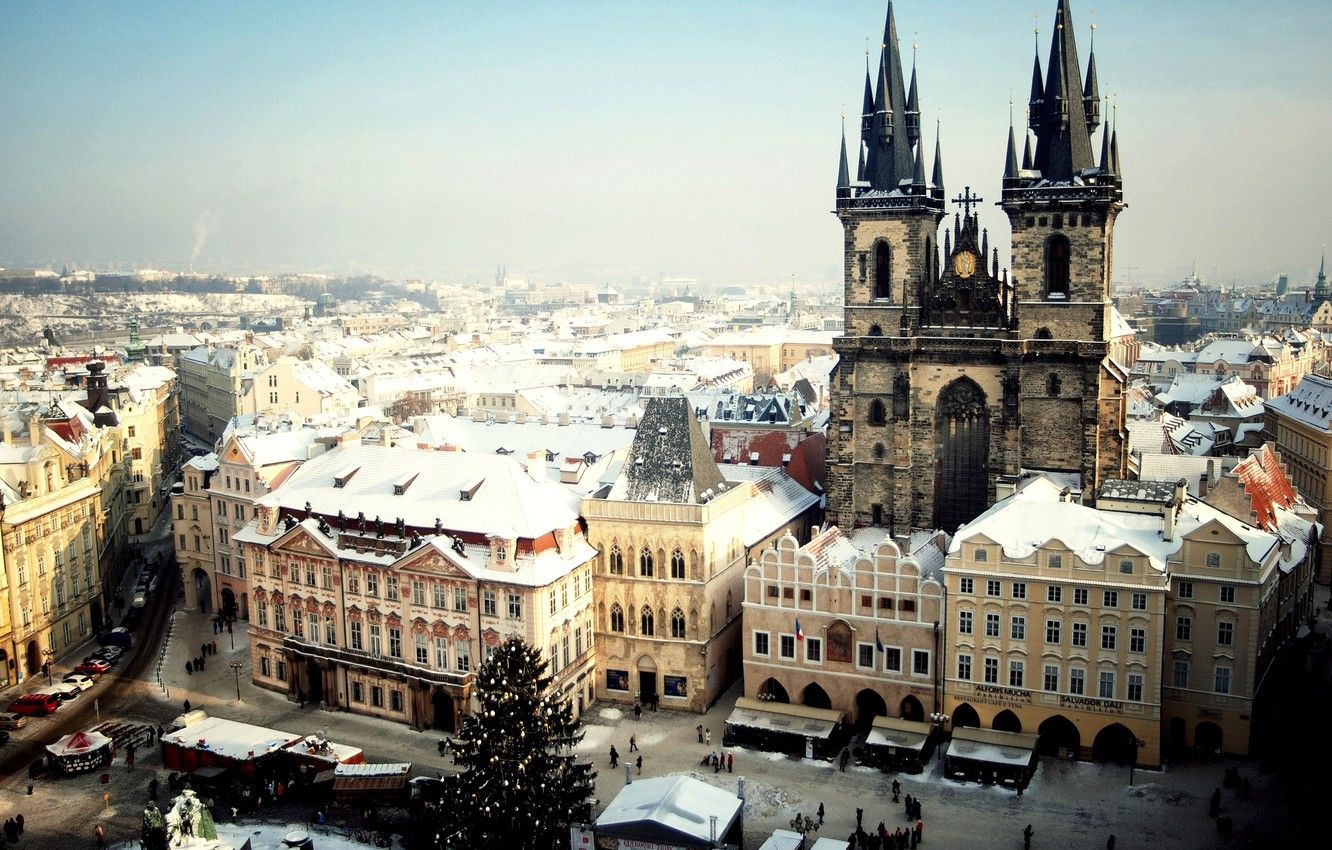 Wallpaper winter, snow, the city, people, tree, Prague, Czech Republic, Prague, The Czech Republic, Praha, Old town square, Tyn Church image for desktop, section город