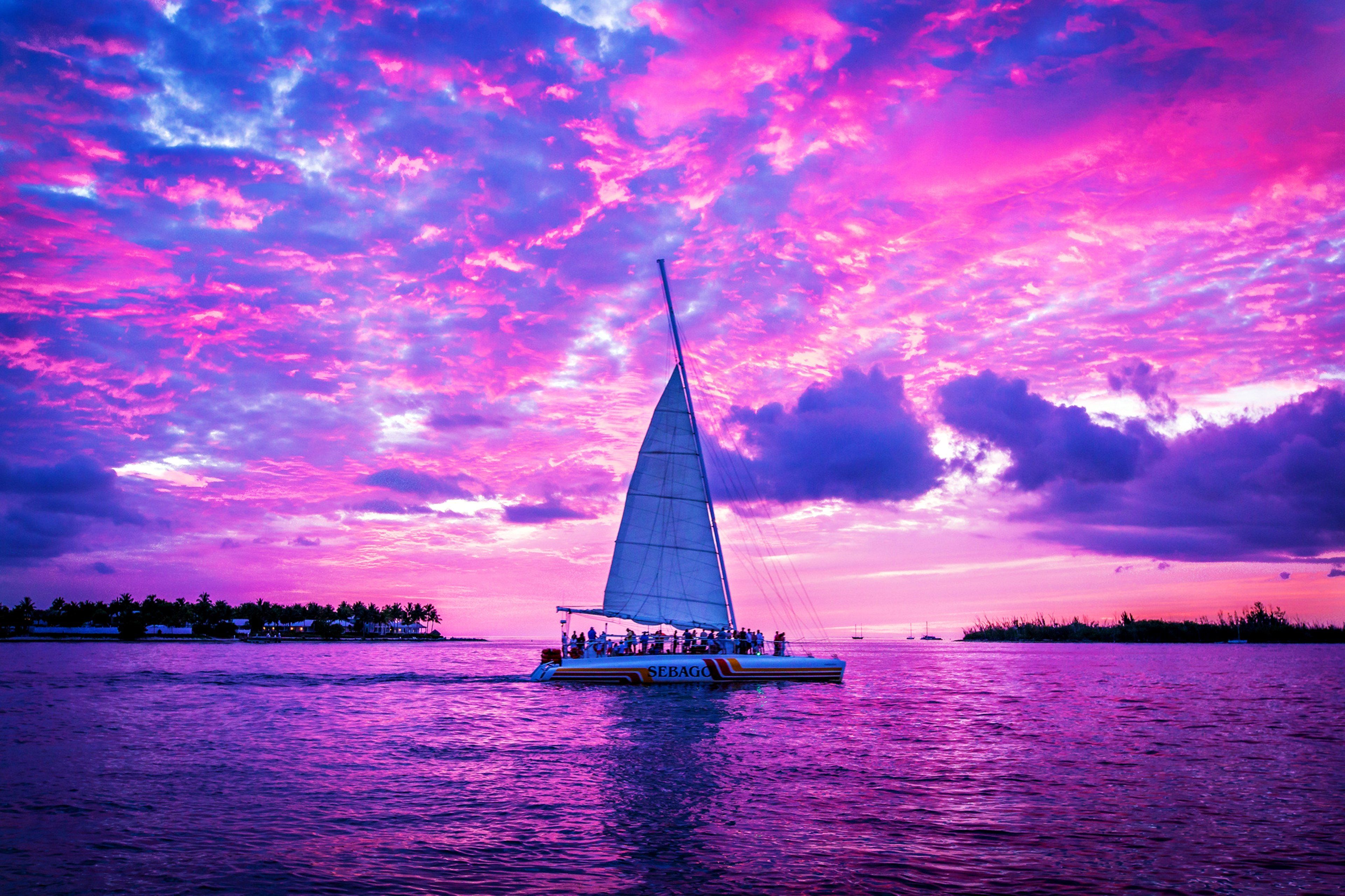 Pink Boats Clouds Ocean Sailing Sea Ship Sky Watercrafts Sunset Background HD Wallpaper & Background Download