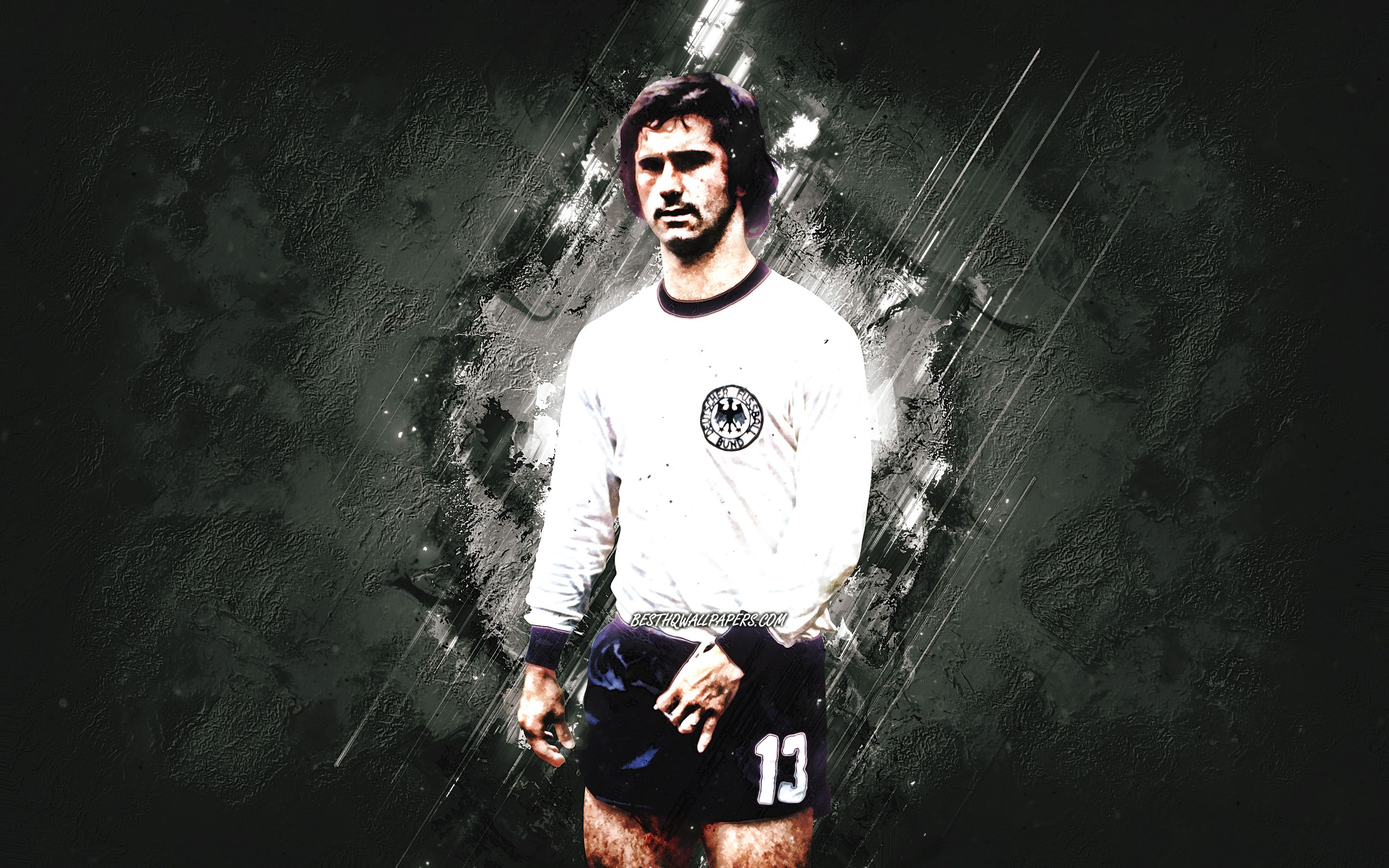 Download wallpaper Gerd Muller, Germany national football team, german footballer, portrait, football legends, gray stone background, football for desktop with resolution 2880x1800. High Quality HD picture wallpaper