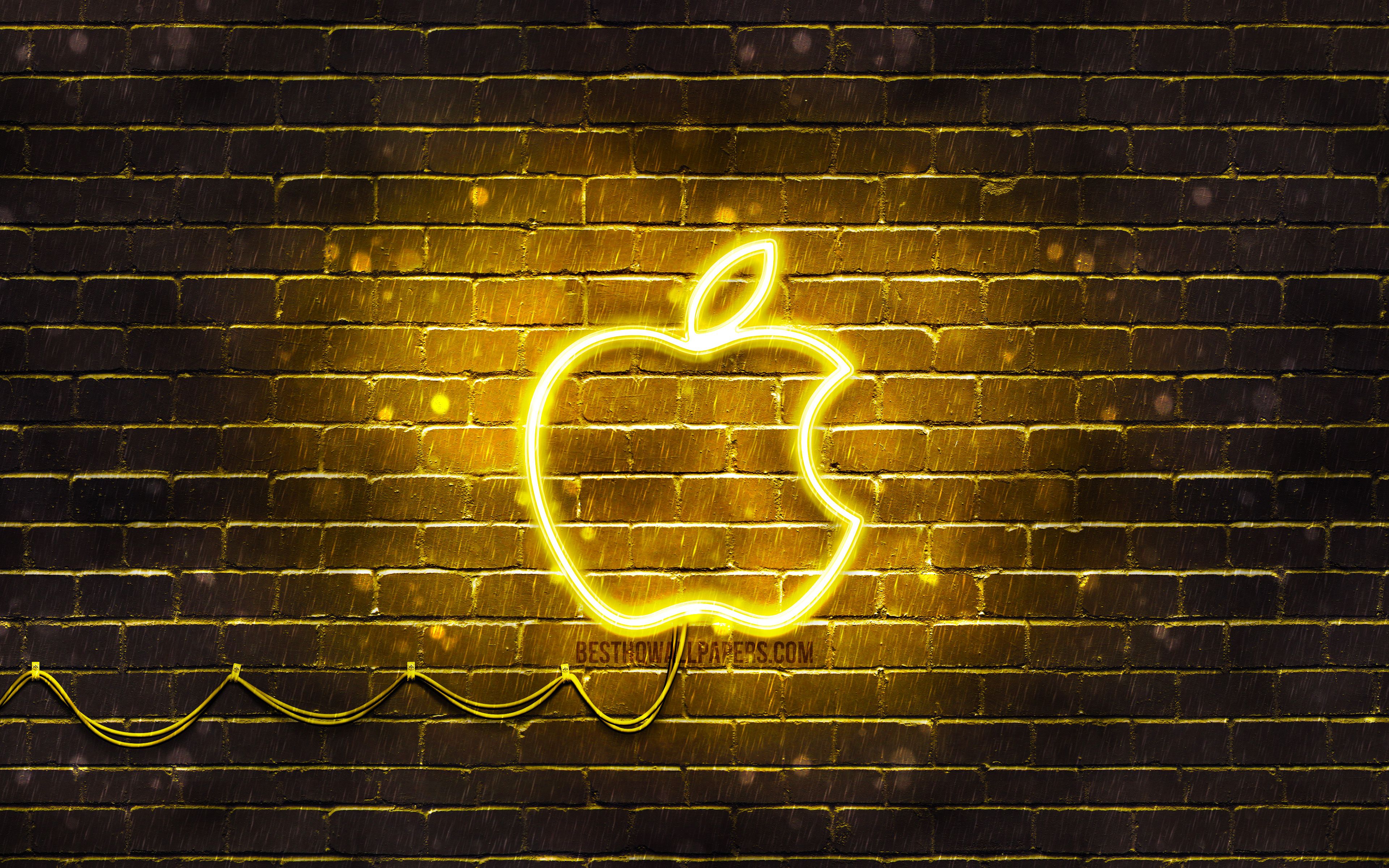 Download wallpaper Apple yellow logo, 4k, yellow brickwall, yellow neon apple, Apple logo, brands, Apple neon logo, Apple for desktop with resolution 3840x2400. High Quality HD picture wallpaper