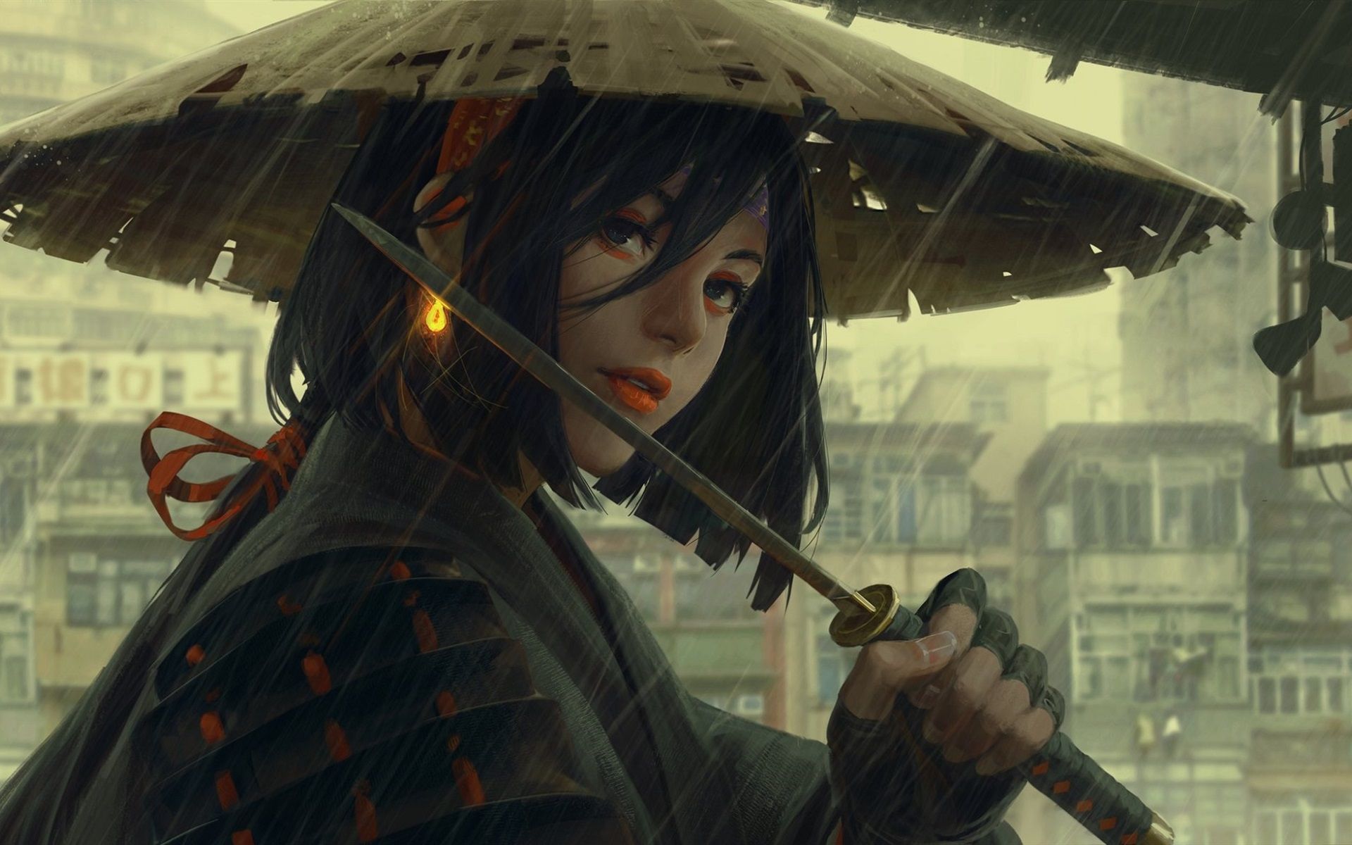 Japanese Girl, Hat, Rain, Sword, Art Painting 640x1136 IPhone 5 5S 5C SE Wallpaper, Background, Picture, Image