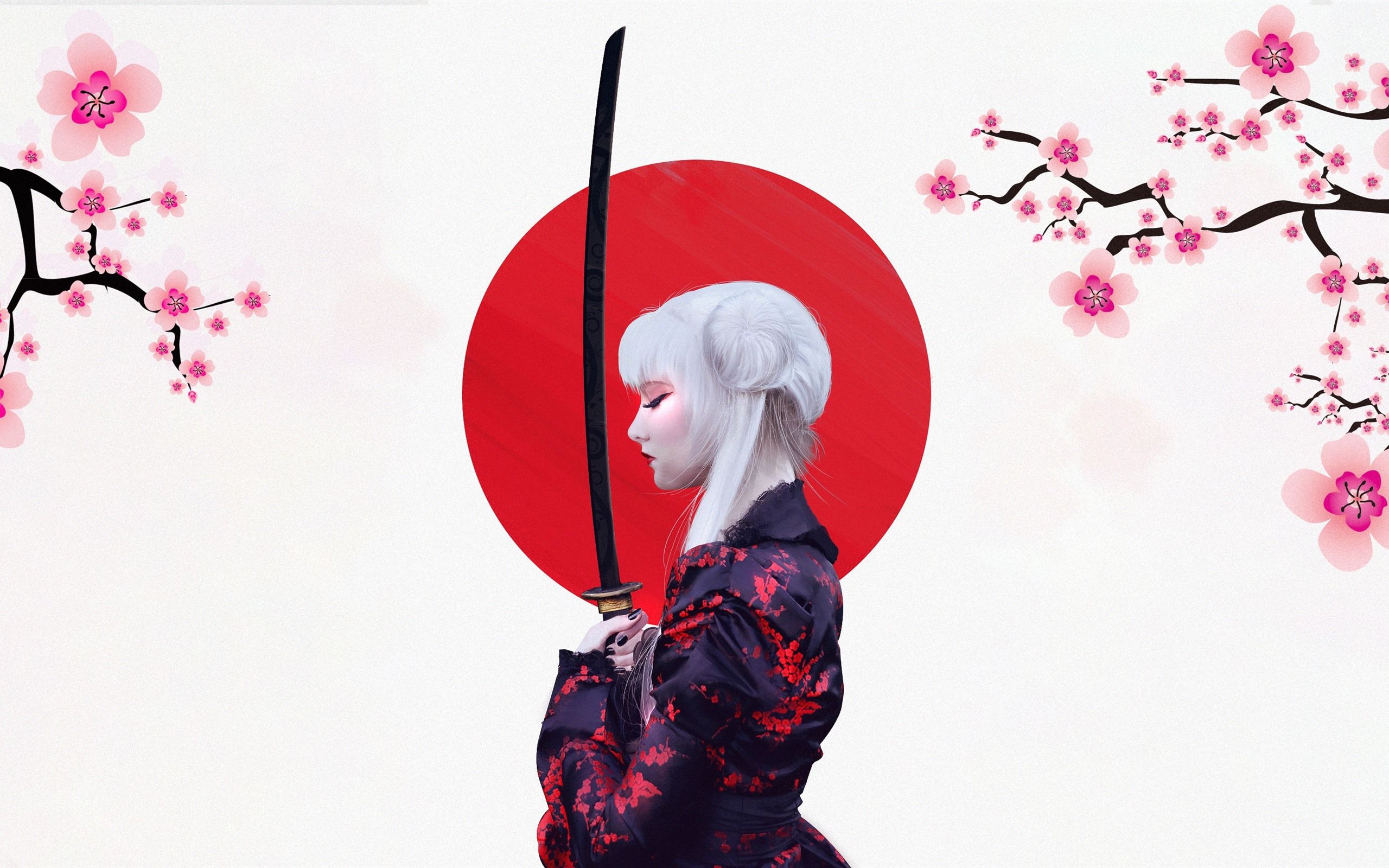 Wallpaper Japanese girl, kimono, sakura, sword, art picture 2560x1600 HD Picture, Image