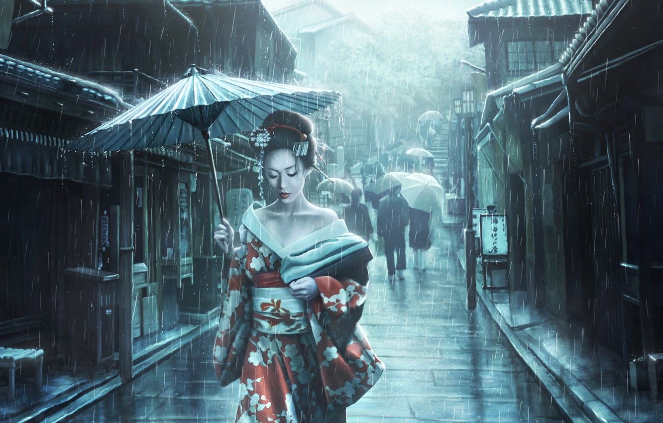 Wallpaper Girl, Japan, Street, Rain, Asian, Umbrella, Umbrella, Japan, Geisha, Japanese, Art, Illustration, The shower, Characters, Memoirs of a Geisha, Japanese art image for desktop, section арт