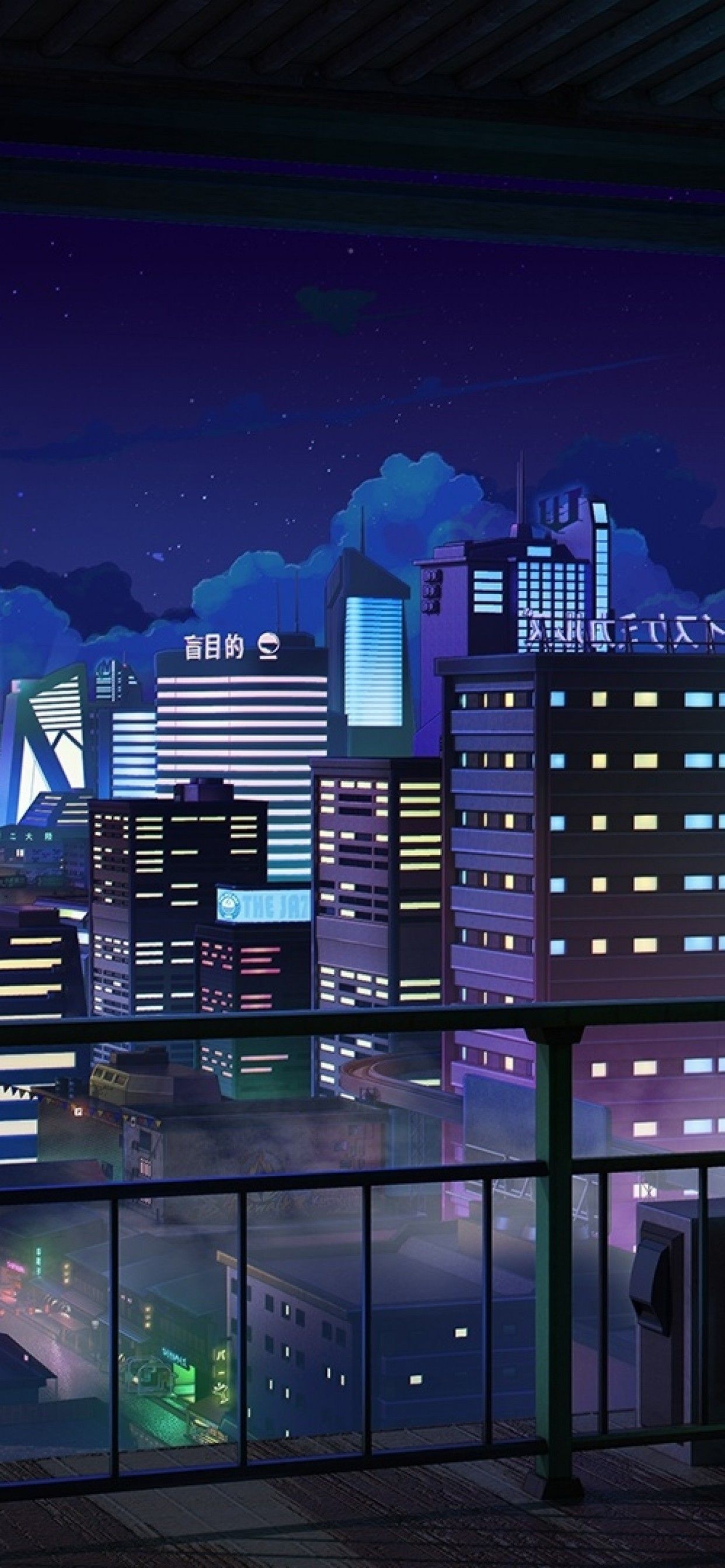 Download 1242x2688 Anime Cityscape, Night, Buildings, Balcony, Stars, Scenery Wallpaper for iPhone 11 Pro Max & XS Max