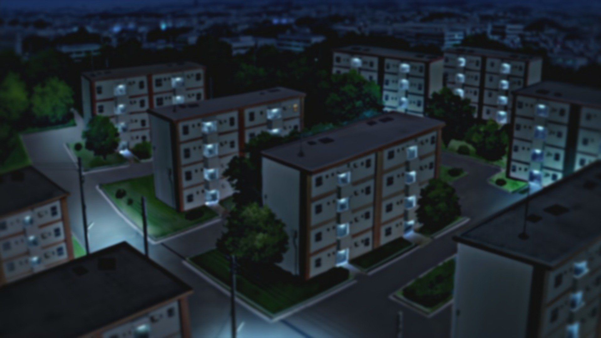 Trees night buildings illustrations anime Nichijou wallpaperx1080