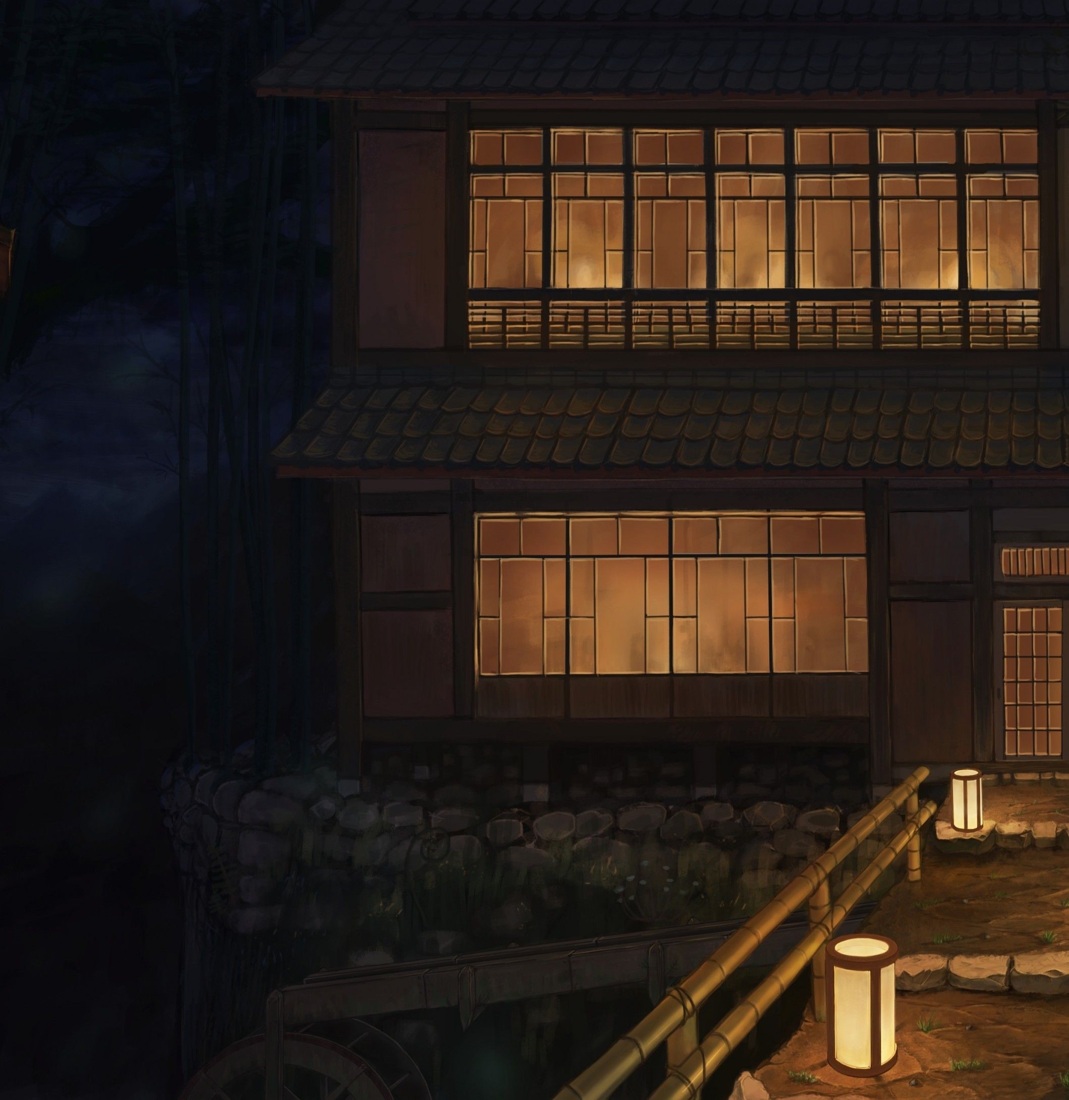 Download 2119x2180 Anime Building, Japanese Buildings, Night Wallpaper