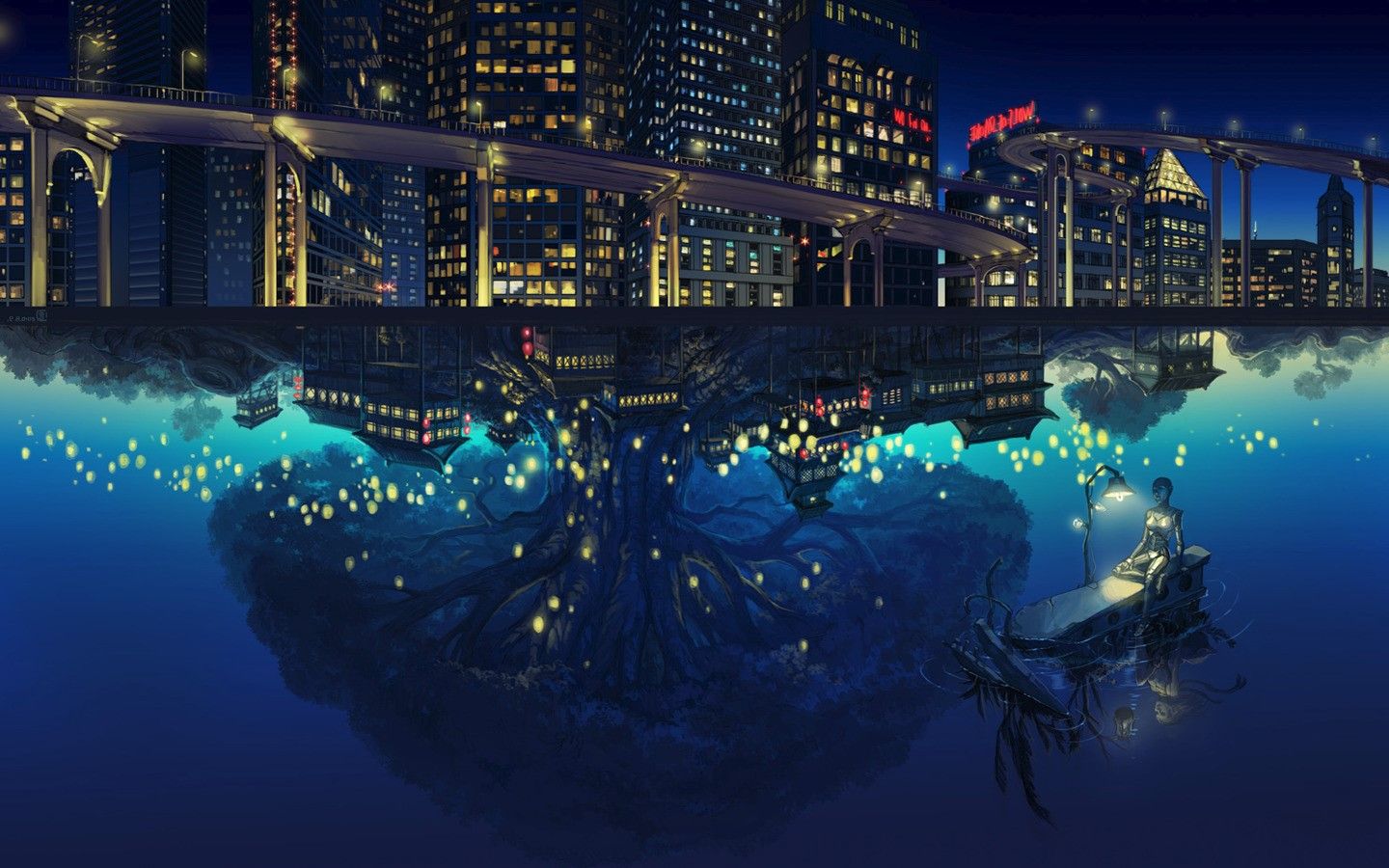 anime night view trees reflection water building HD wallpaper, Background