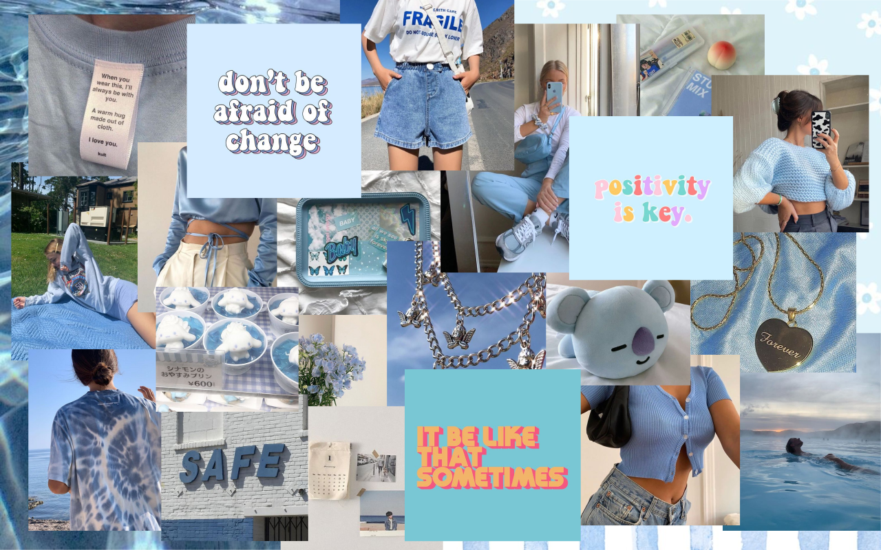 Baby Blue Aesthetic Wallpaper Collage / 4x6 prints that will create a collage, will have a blue color scheme or theme, there will include 50 prints in the set