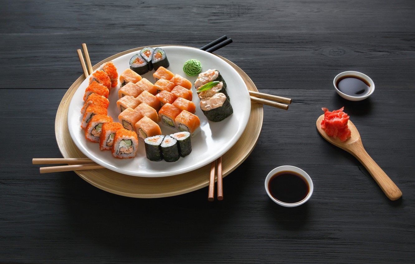 Wallpaper sticks, sauce, sushi, sushi, rolls, ginger, set, wasabi, japanese food image for desktop, section еда