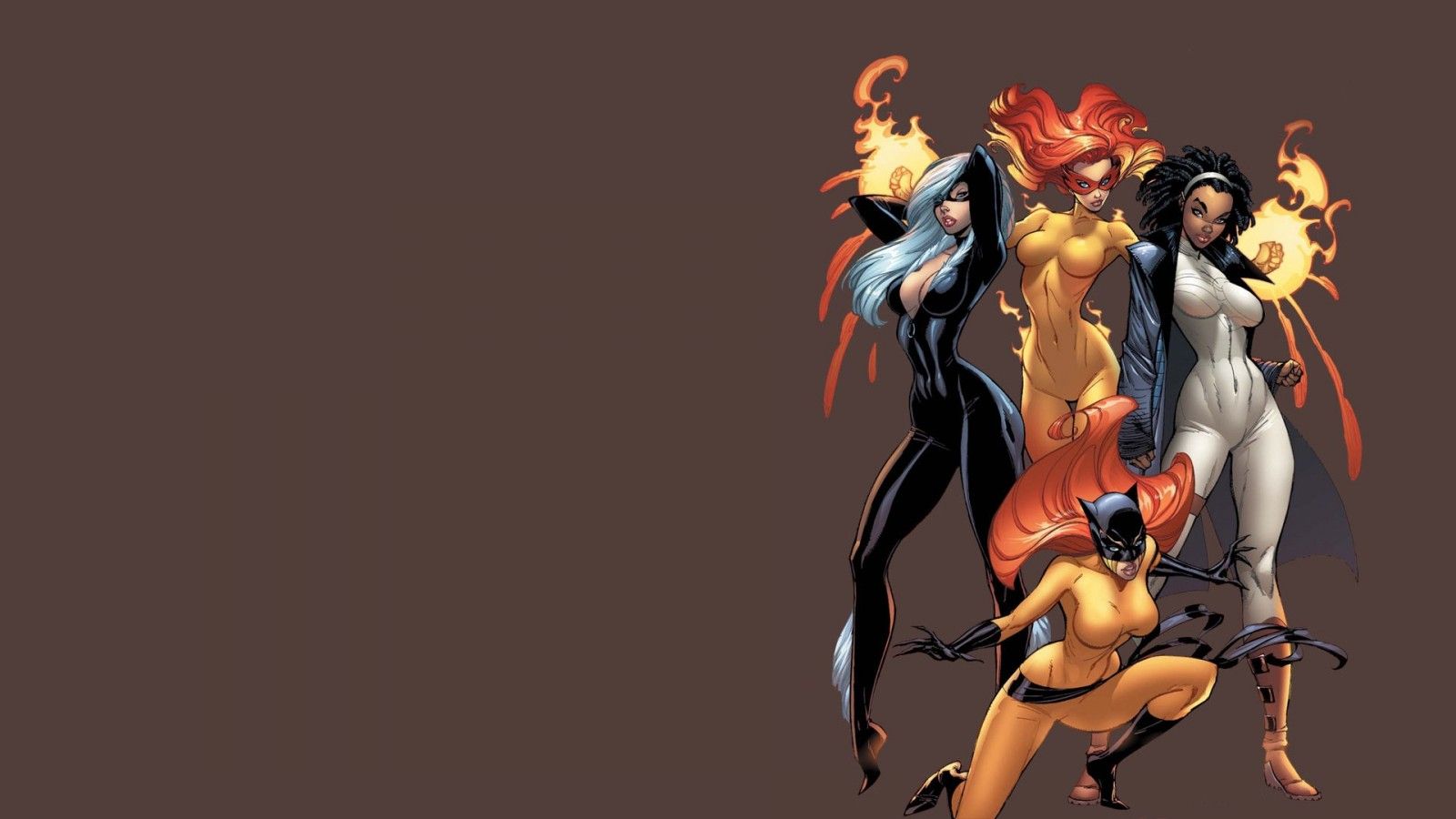 illustration, Marvel Comics, J Scott Campbell, comics, Person, brown background, Black Cat character, Marvel Divas, Firestar, Hellcat, Photon, screenshot, profession