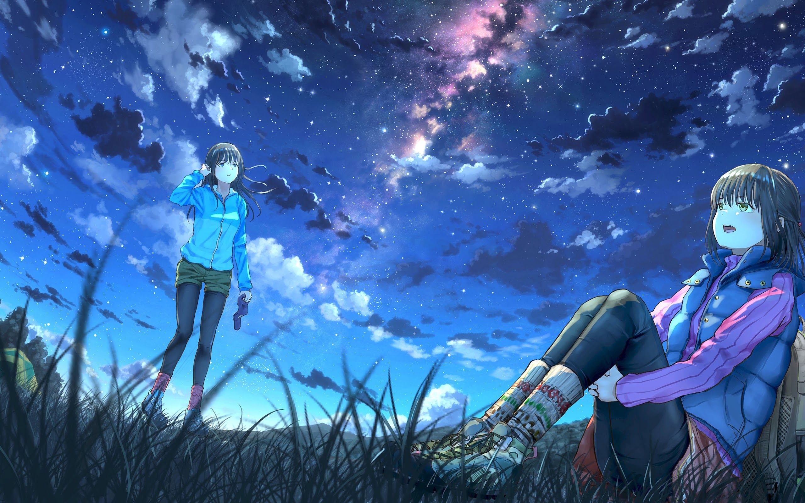 Anime Girls Night Sky Scenery Clouds Stars 4K Wallpaper