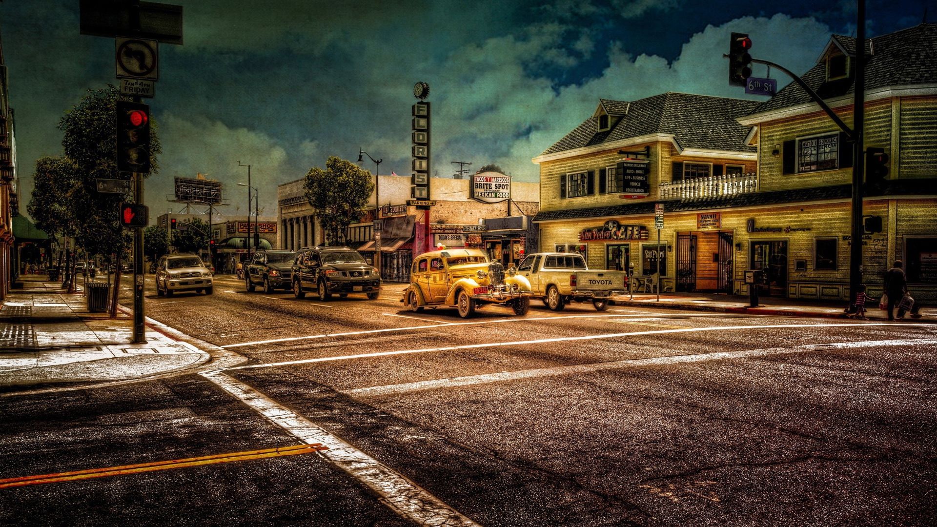 Cars at the traffic light in a small American town Desktop wallpaper 1920x1080