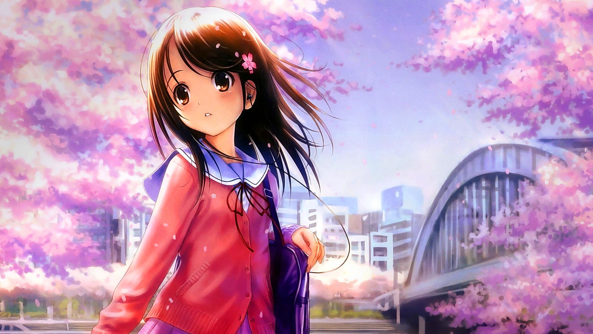 Desktop Wallpaper Anime Girl, Blossom, Cute, School Dress, HD Image, Picture, Background, F2be42
