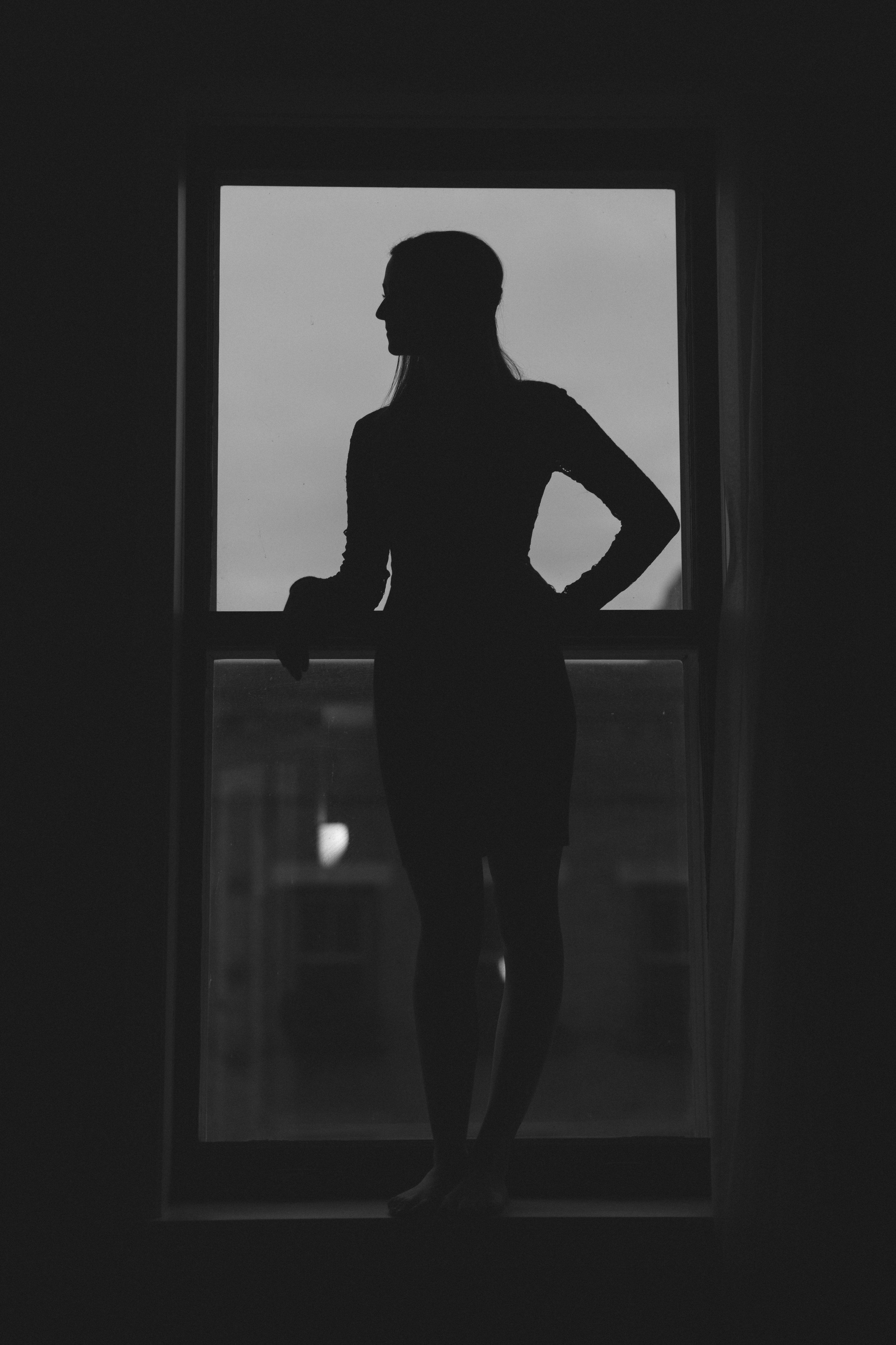 Wallpaper / black and white window woman and silhouette HD 4k wallpaper