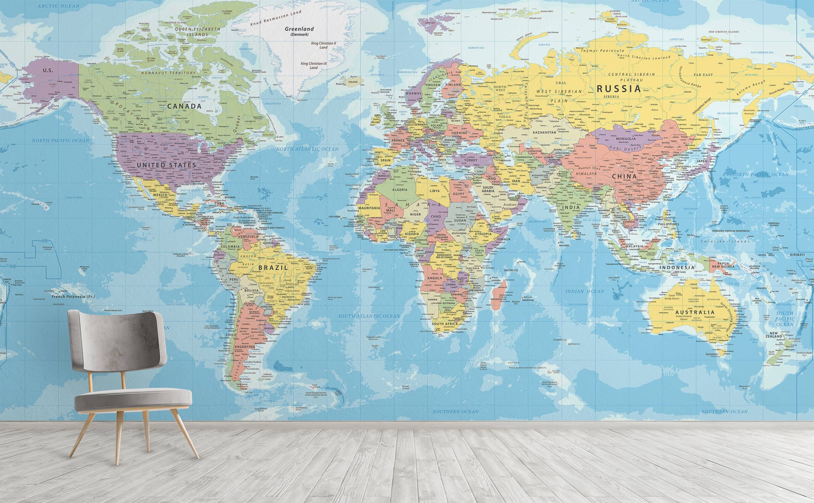 Classic colorful political world map wall mural