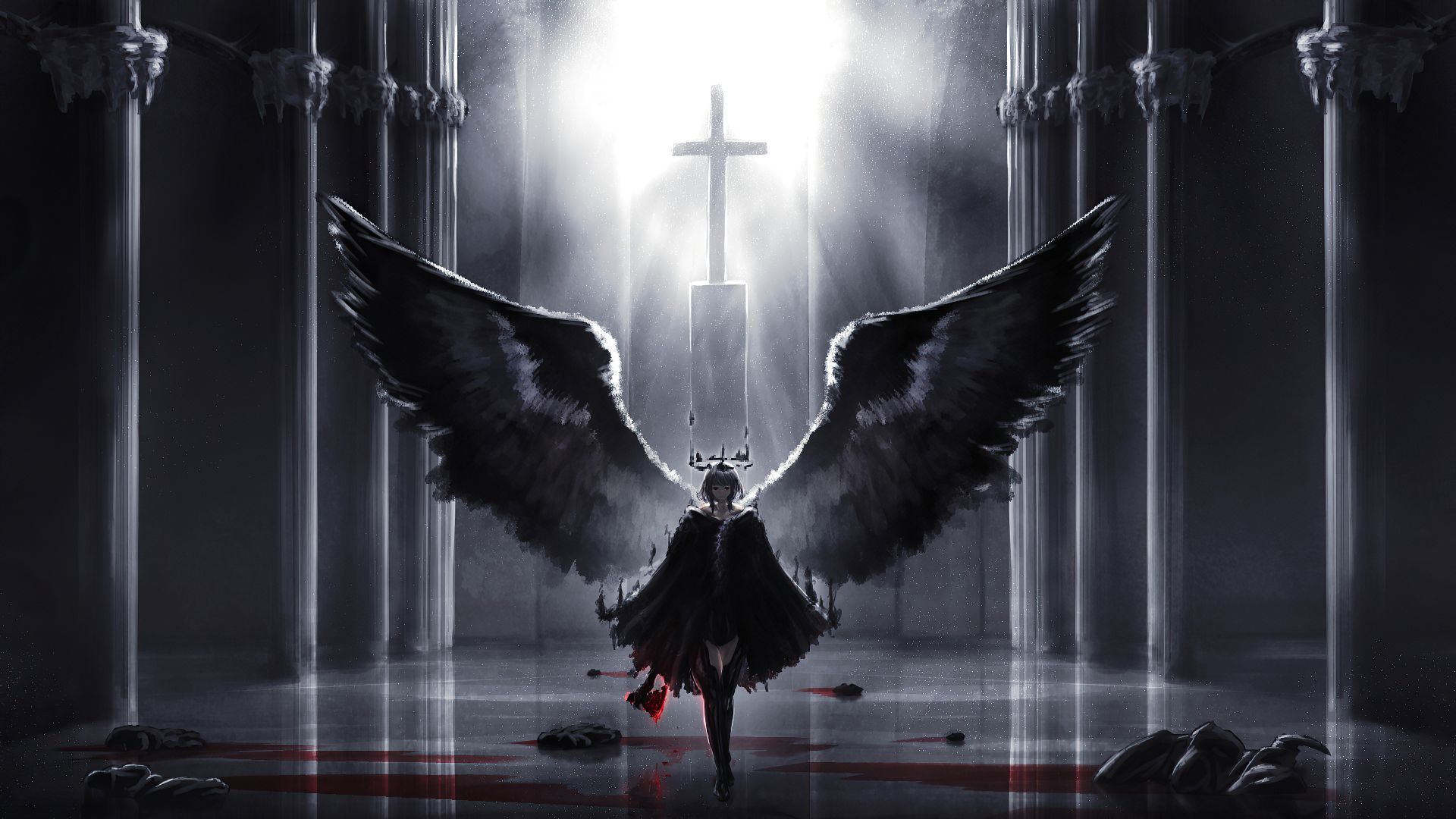 Desktop wallpaper black wings, demon angel, artwork, fantasy, HD image, picture, background, a47f1c
