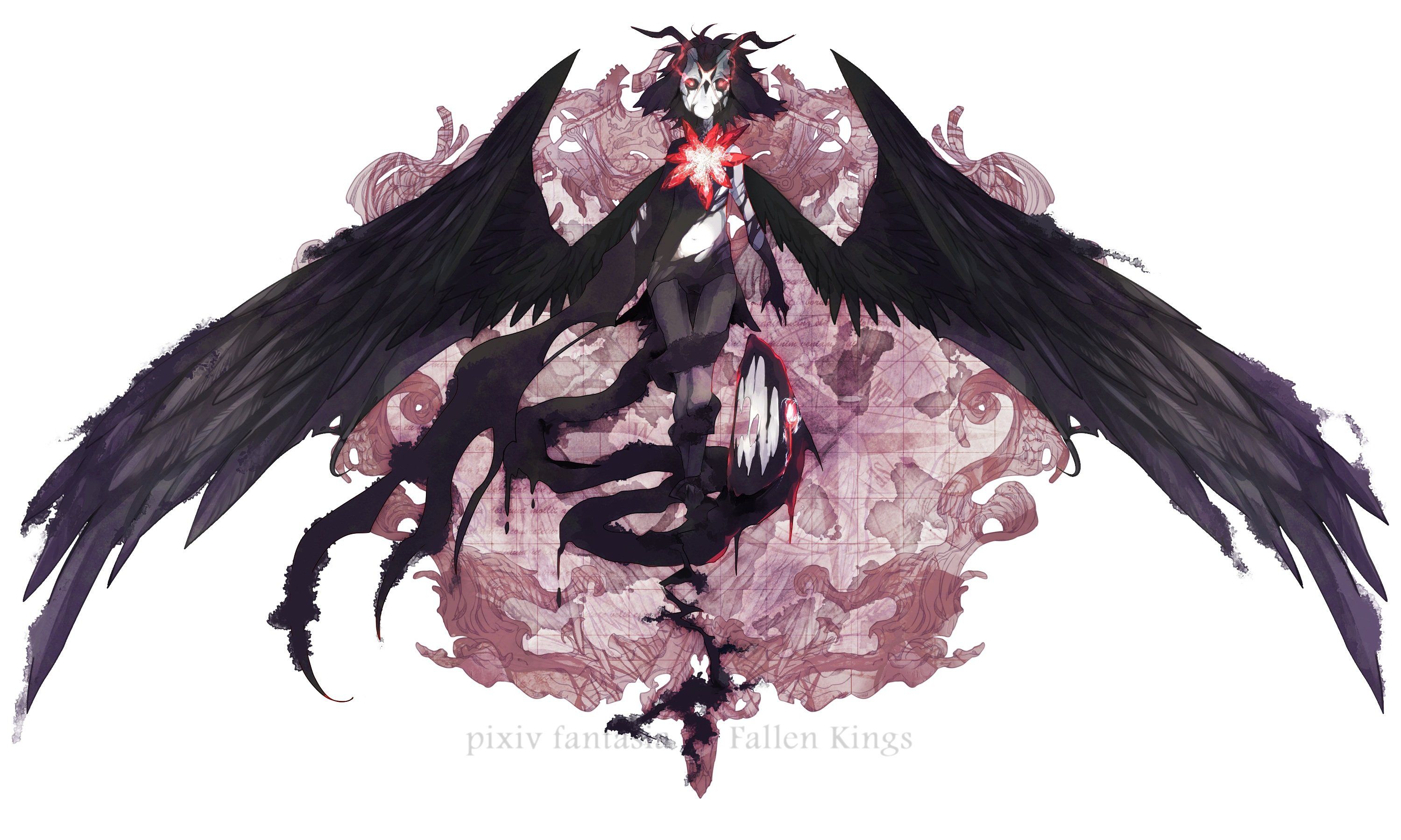 Black hair demon horns mana 291 pixiv fantasia red eyes wings wallpaperx1800