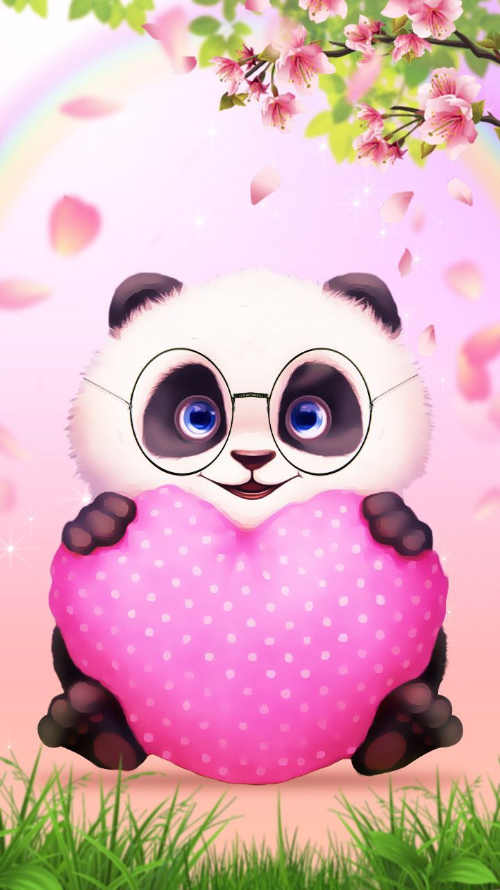 Hi Panda, Cute panda. Love pink heart cartoon style wallpaper. #panda #love. Binatang, Kartun, Beruang panda
