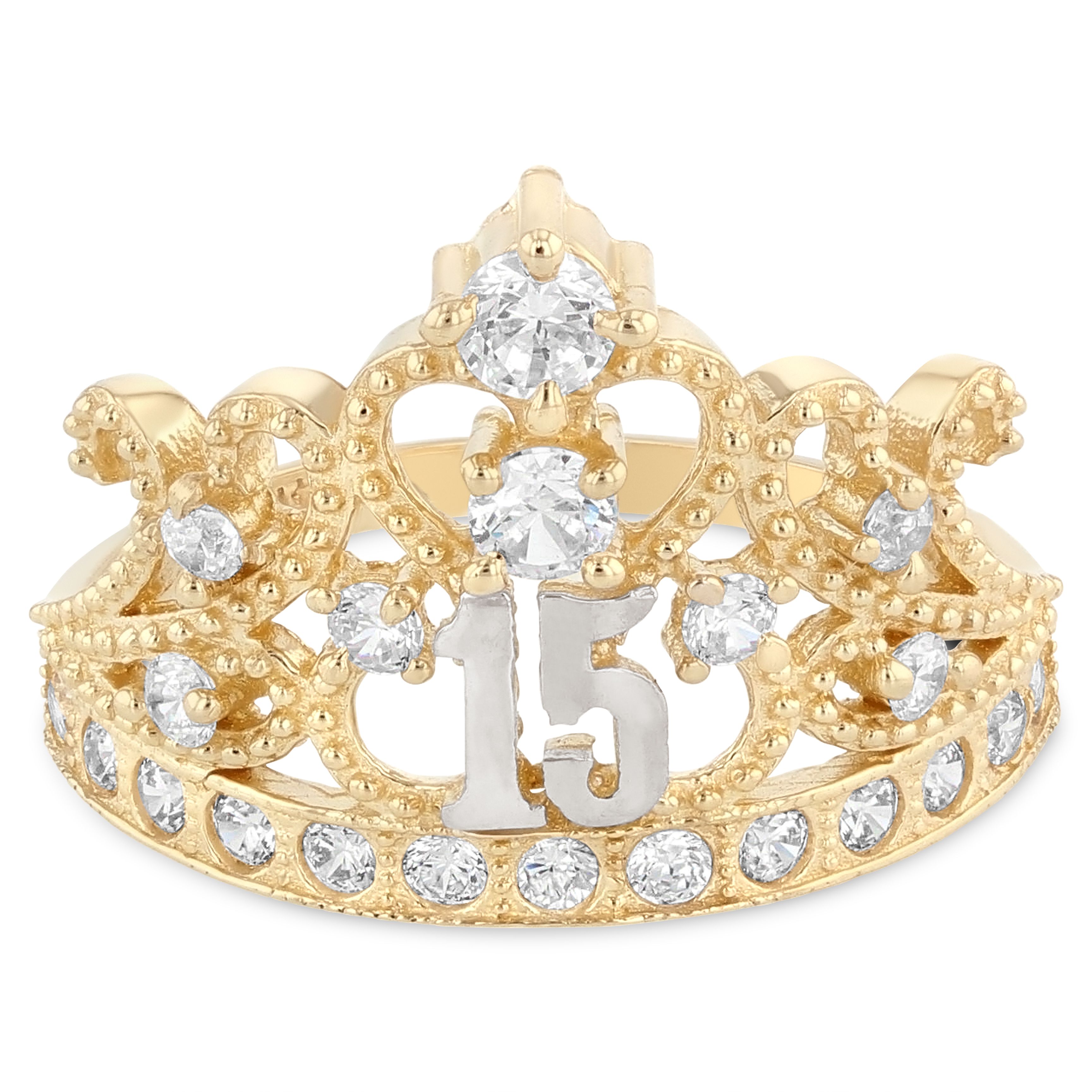 Ioka Solid Yellow Gold CZ 15 Years Quinceanera Birthday Crown Ring