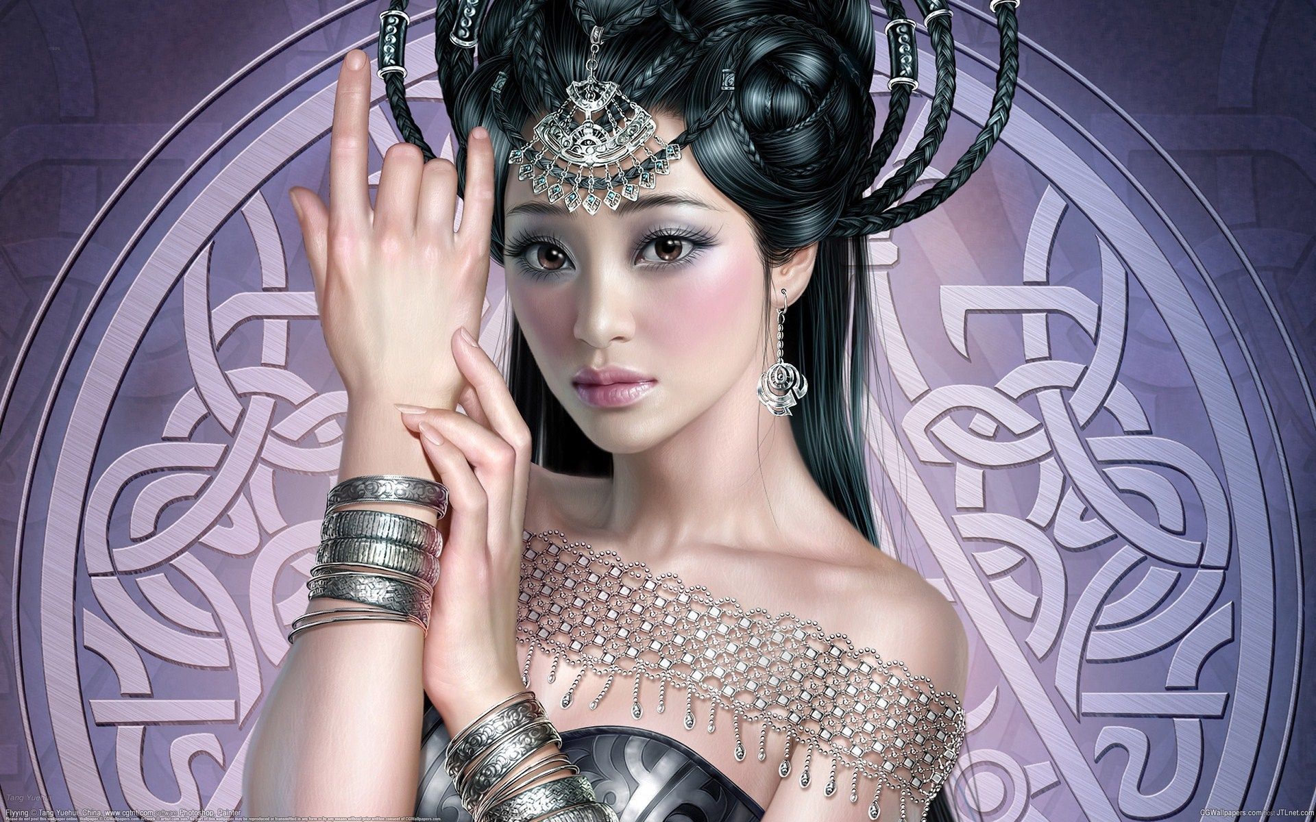 Wallpaper art, tang yuehui, girl, asian, jewelry, bracelets, hair, braids wallpaper rendering. Seres mitologicos, Mitologico