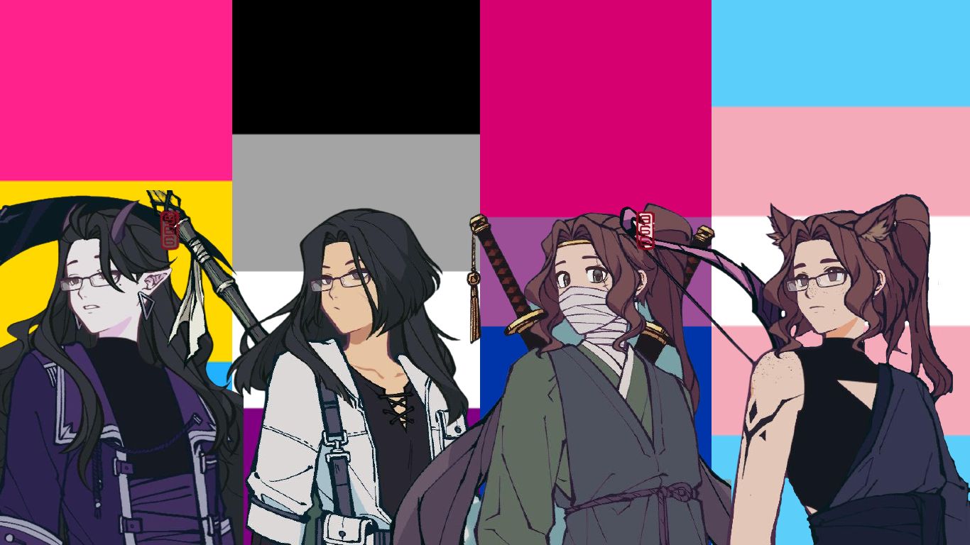 of my friends and I all are LGBTQ+ and we used picrew to create characters. I then put our corresponding flags behind us. (im far right)