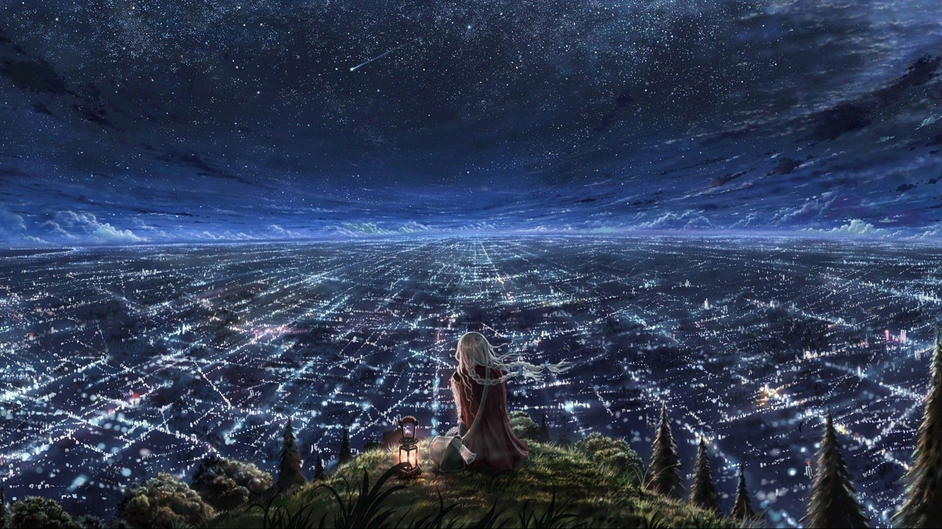 Women Starry Night Animation Cityscape City Drawing Fantasy Art Anime Girls Sky Lantern Stars Artwor Wallpaper:1920x1080
