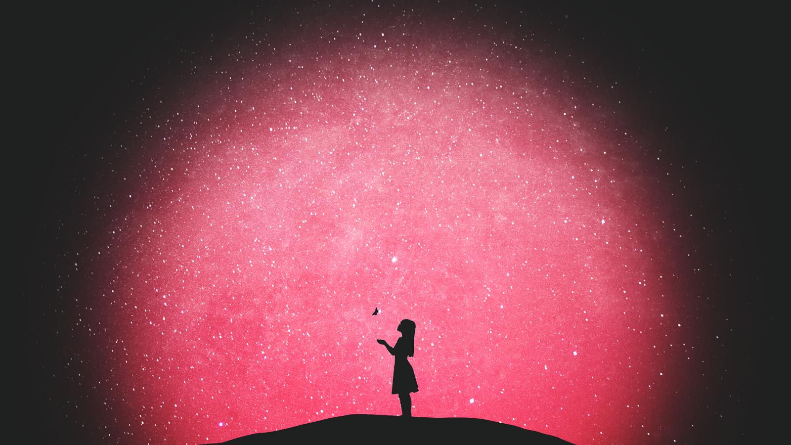 Lonely Girl, Pink Sky, Stars, Night, Butterfly HD Wallpaper