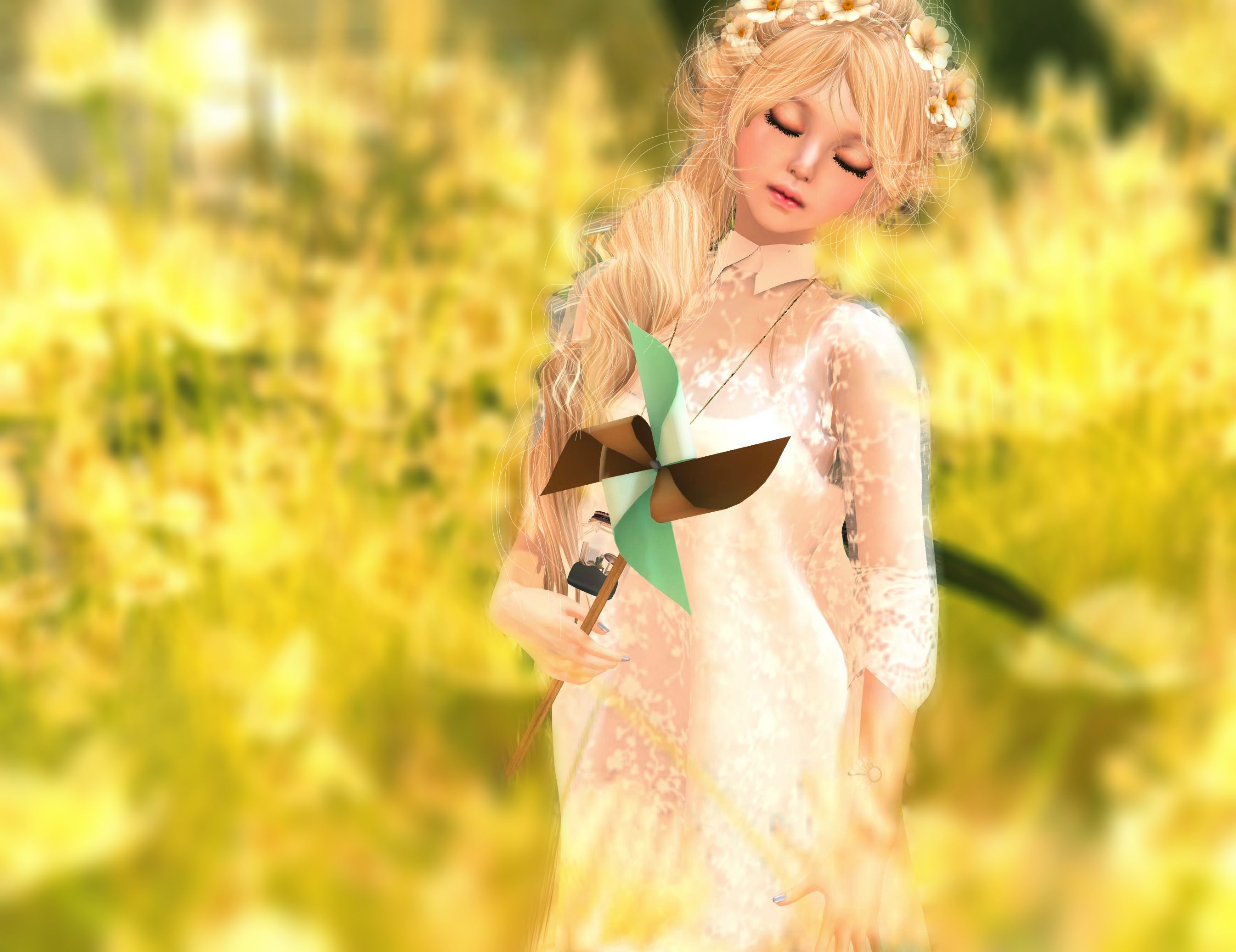 Wallpaper, white, flower, cute, girl, field, yellow, Asian, spring, sweet, blond, Pinwheel 2691x2074