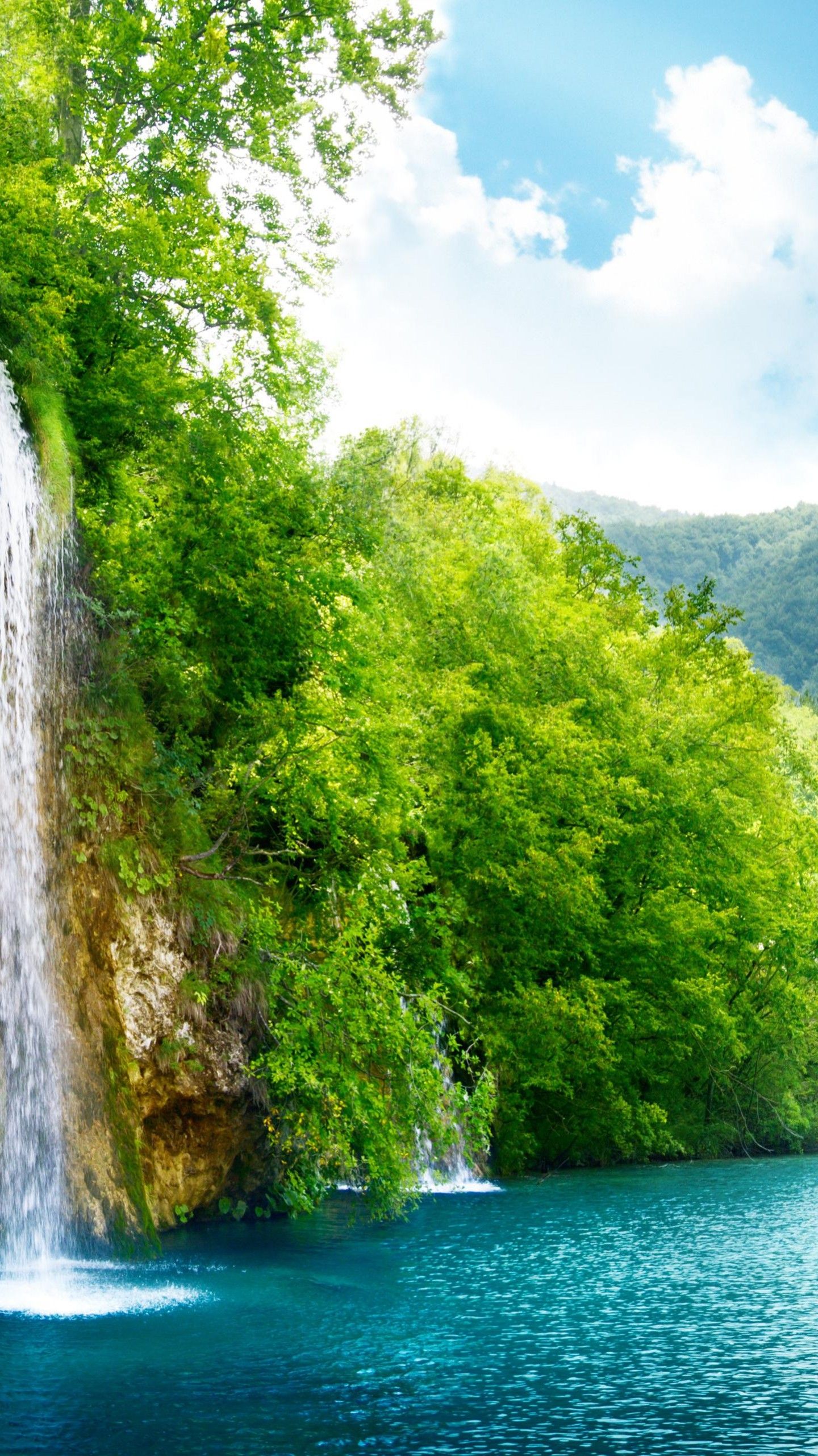 Wallpaper Lake, 4k, HD wallpaper, sea, water, waterfall, rocks, mountain, sun, clouds, sky, forest, nature, Nature