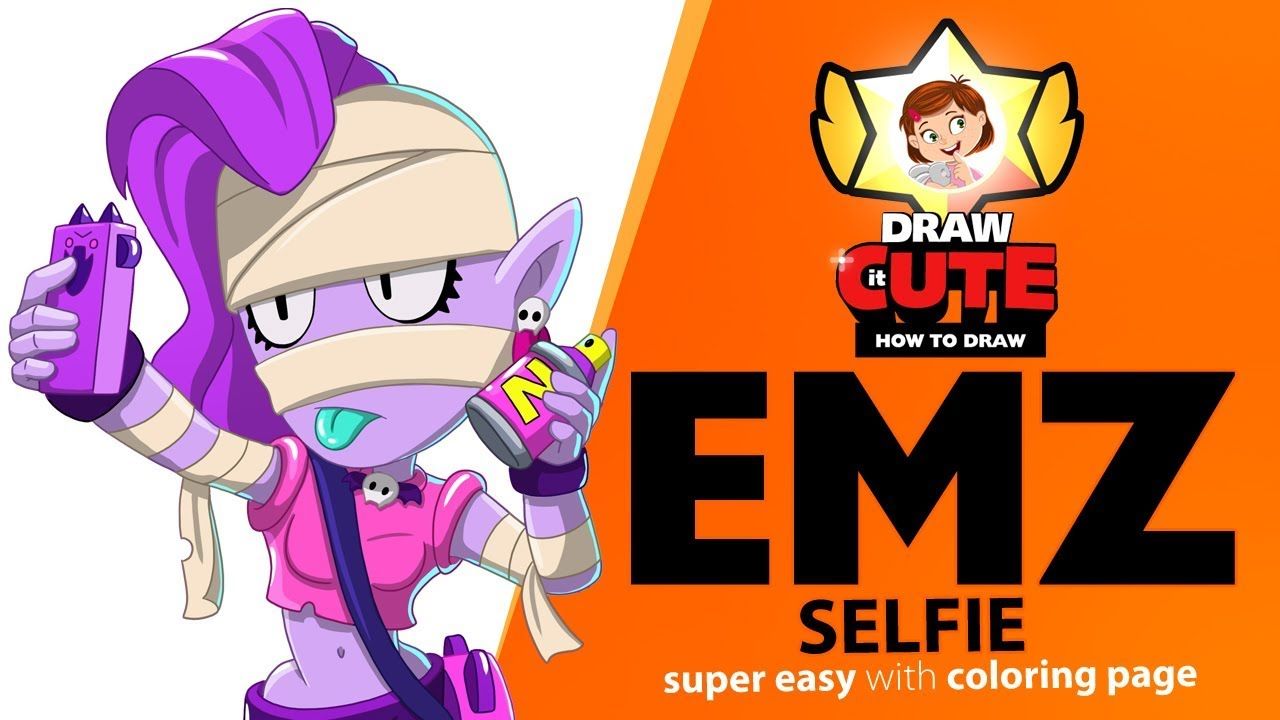 EMZ taking a Selfie. Brawl Stars super easy drawing tutorial with coloring page