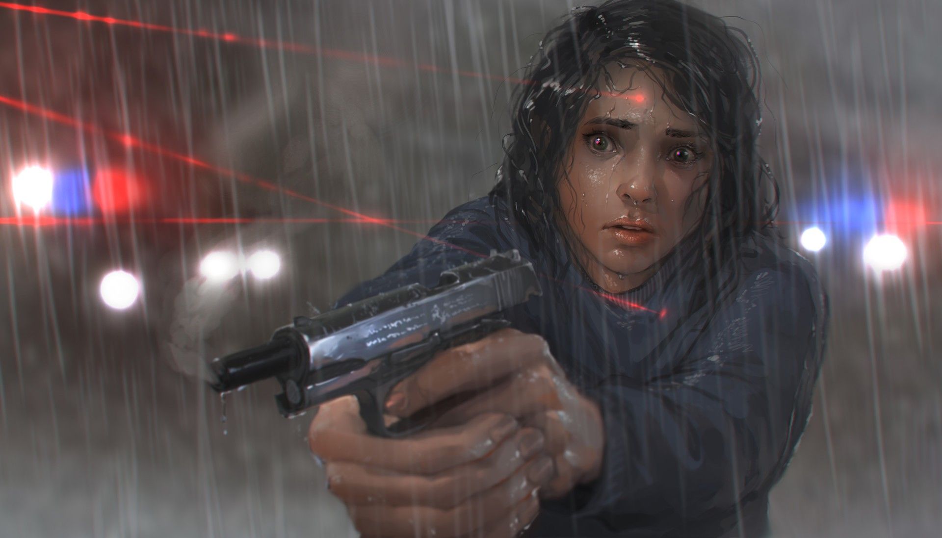 Wallpaper, 1920x1097 px, fan art, gun, laser, police, rain, women 1920x1097