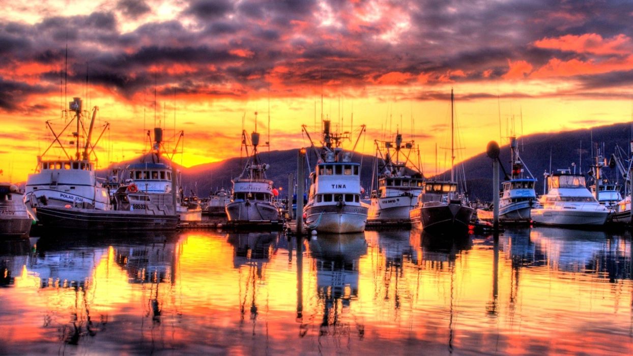 Sunset clouds ships reflections harbours sea wallpaperx1080