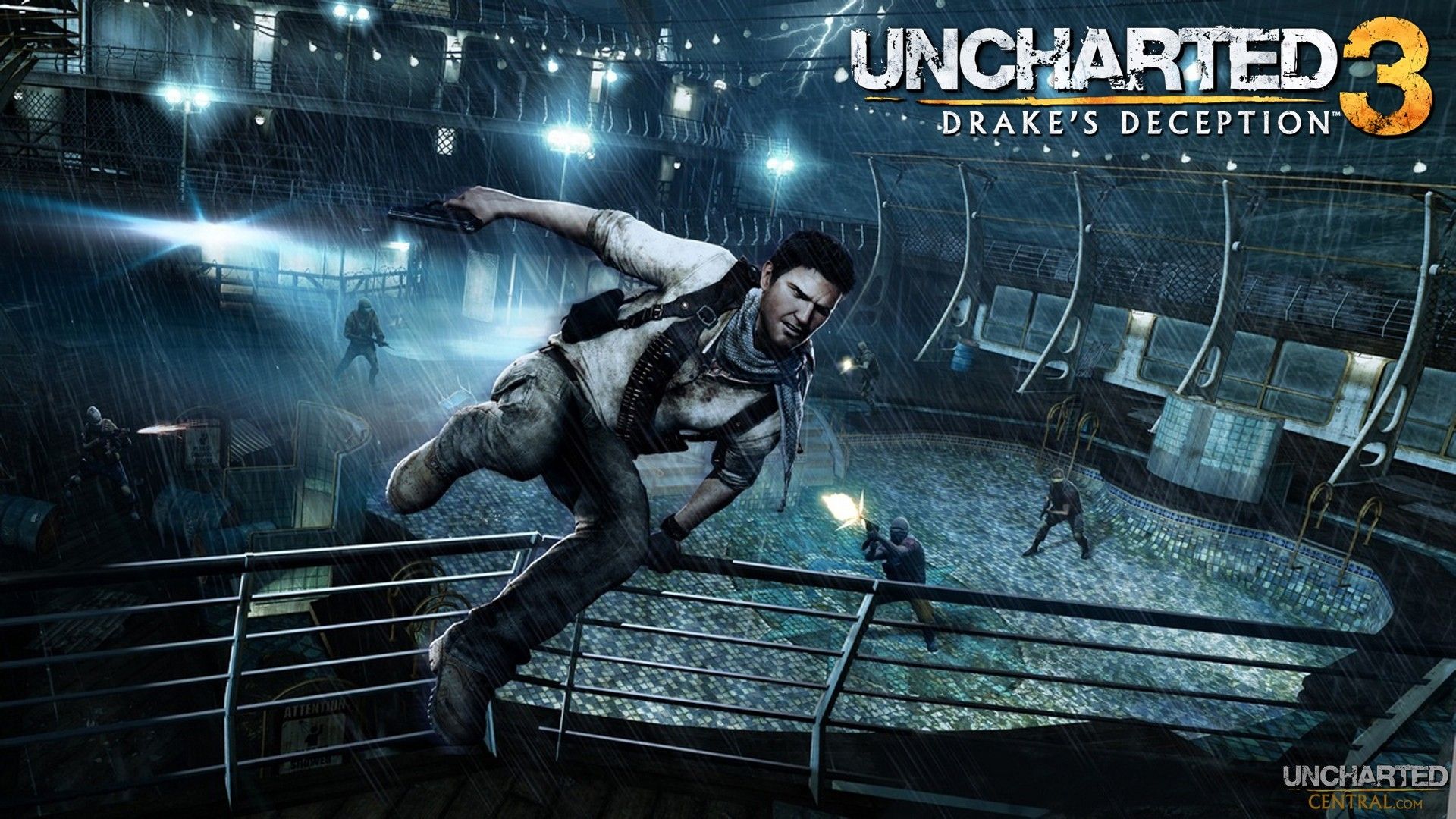 Download Wallpaper 1920x1080 uncharted 3 drakes deception, jump, fence, enemies, night, rain Full HD 1080p HD Background